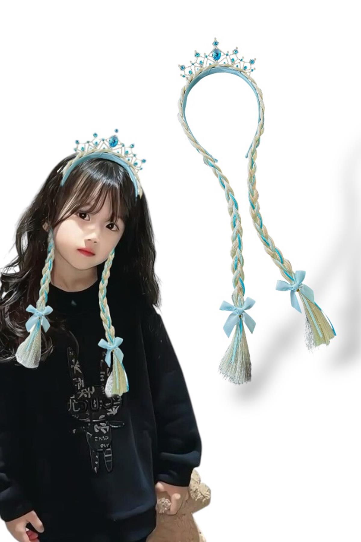 Mavi Renk Örgü Saç Detaylı Taç