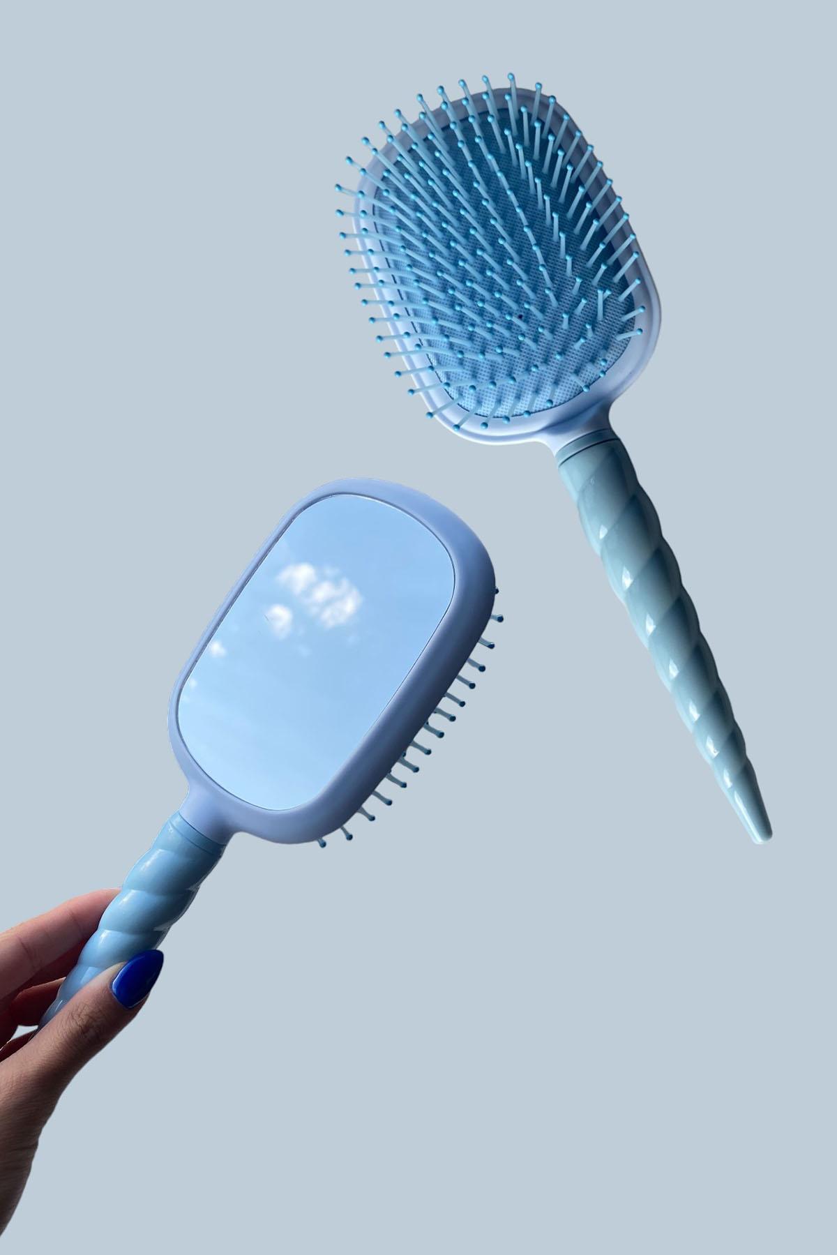 Mavi Renk Unicorn Figürlü Aynalı Saç Fırçası/ Tarak