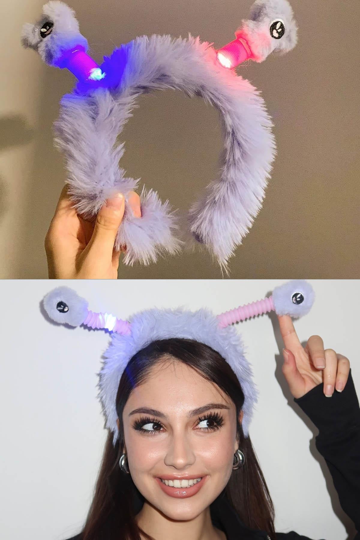 Mor Renk Kulakları Oynayan Işıklı Peluş Taç
