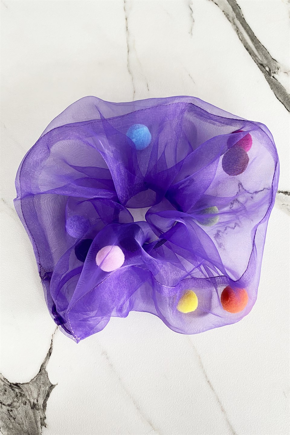 Mor Renk Ponponlu Büyük Boy Scrunchies Lastik Toka