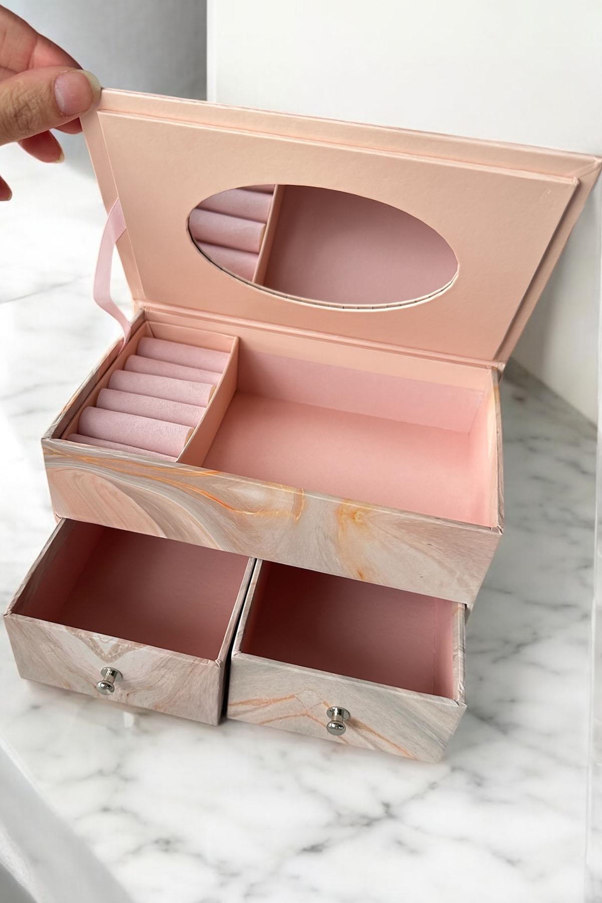 Pembe Renk Ayna Detaylı Bölmeli Çekmeceli Takı Organizeri