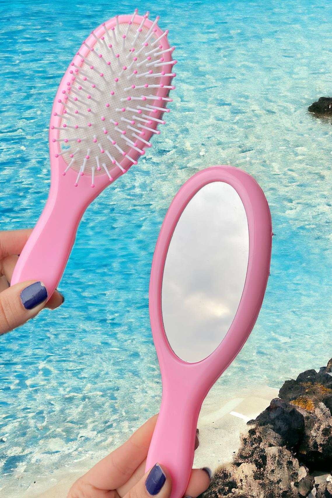 Pembe Renk Aynalı Saç Tarama Fırçası/ Tarak