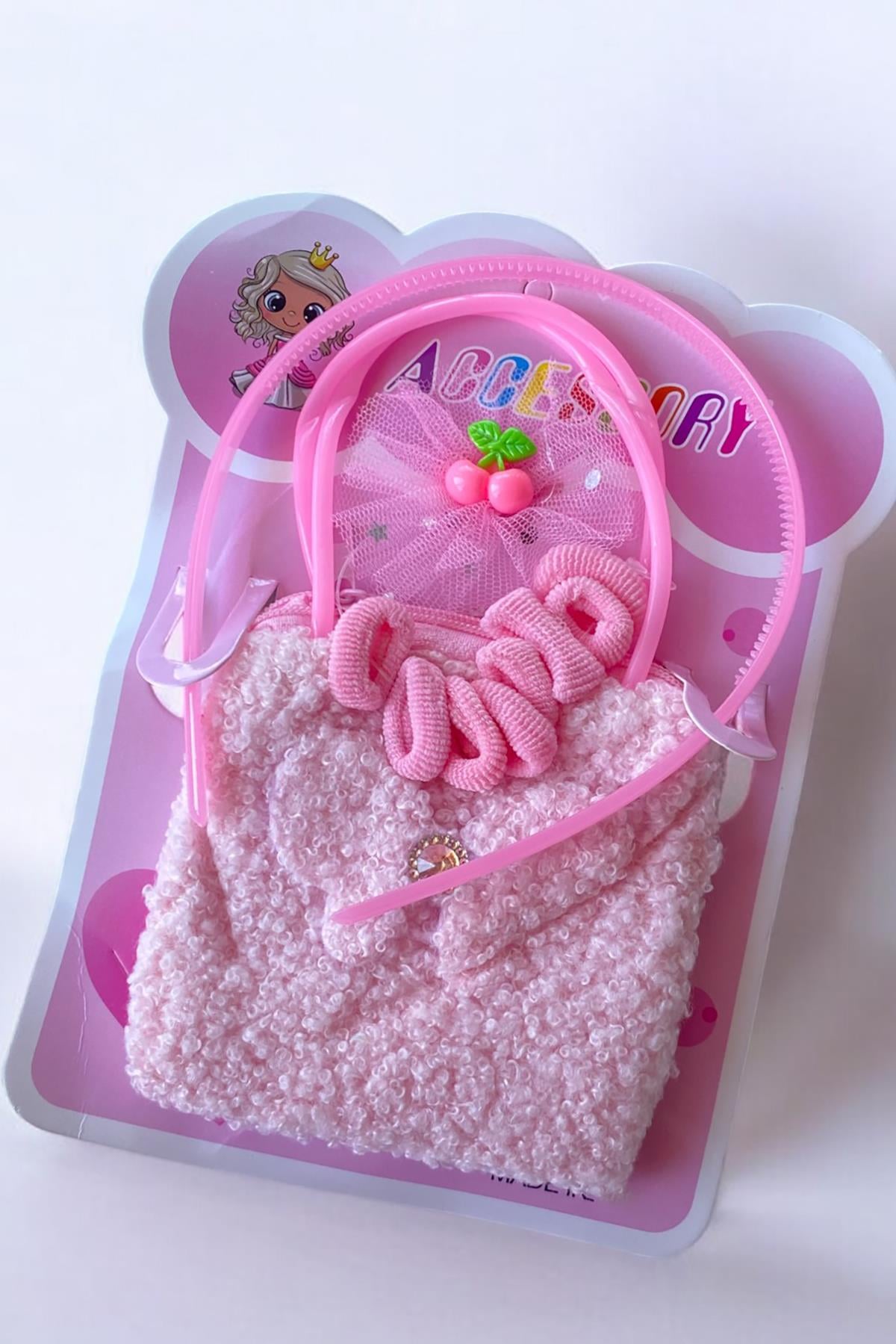 Pembe Renk Çocuk Çanta Toka Taç Set