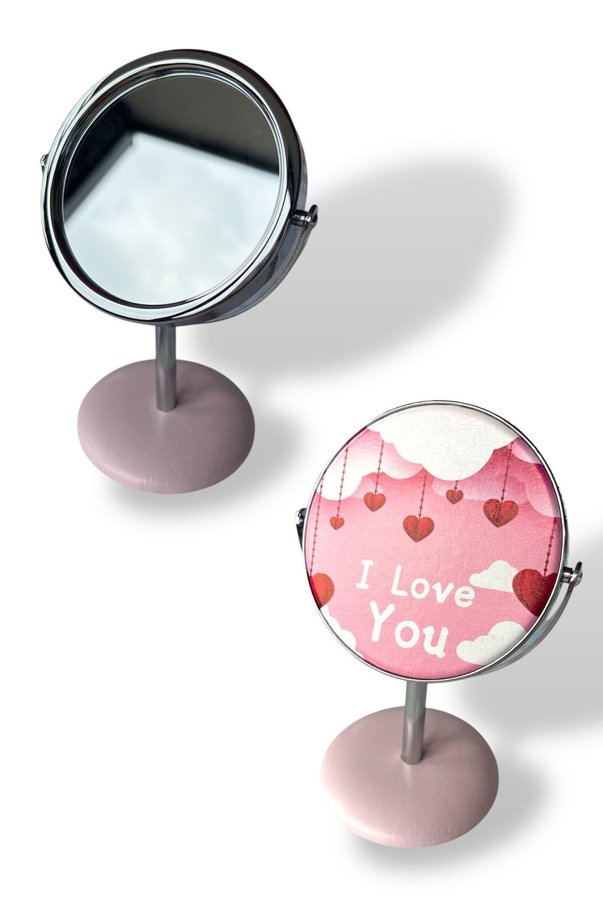 Pembe Renk I Love You Yazılı Dönebilen Masa Aynası