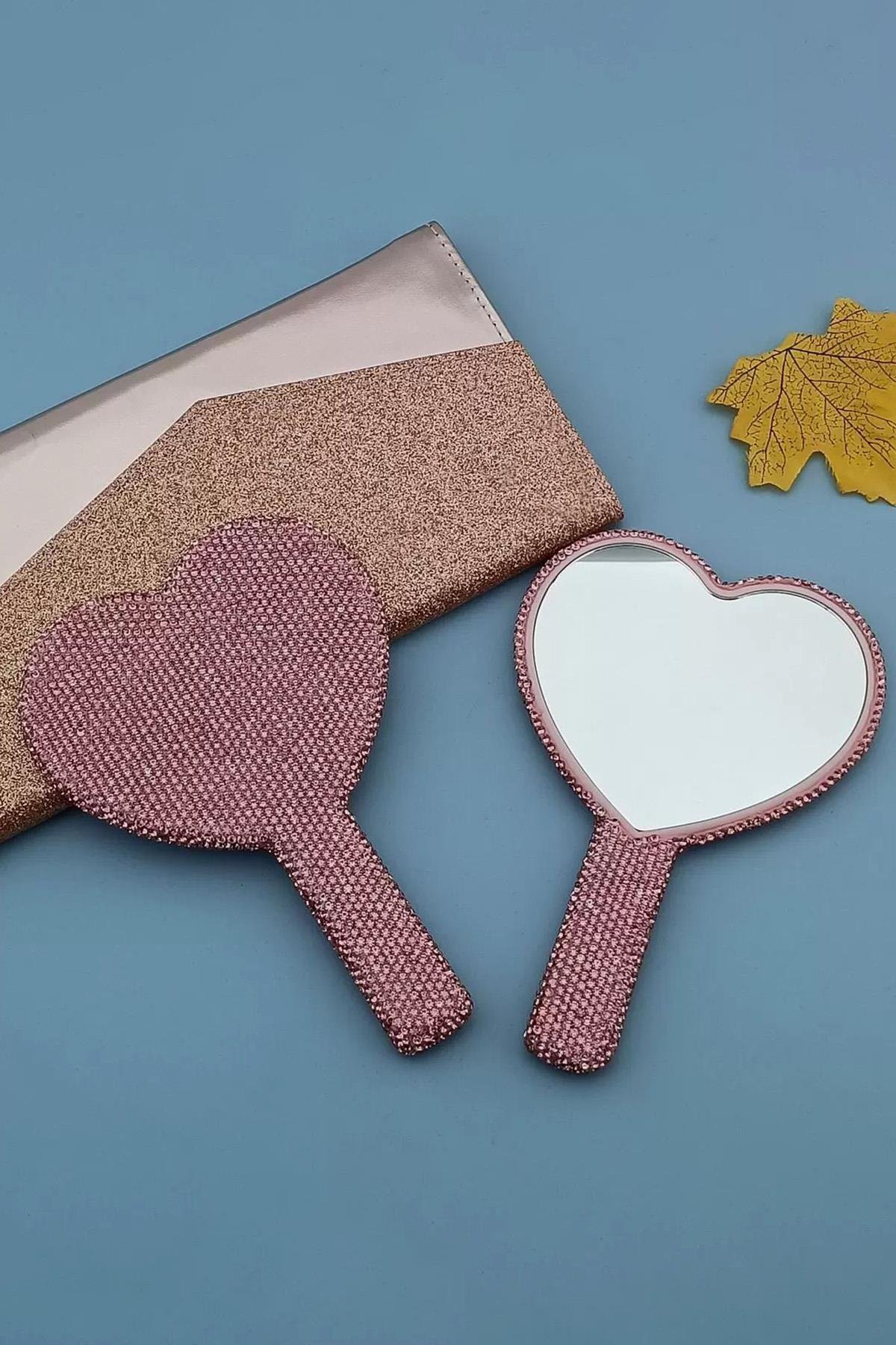 Pembe Renk Kalp Figürlü Taş Detaylı El Aynası