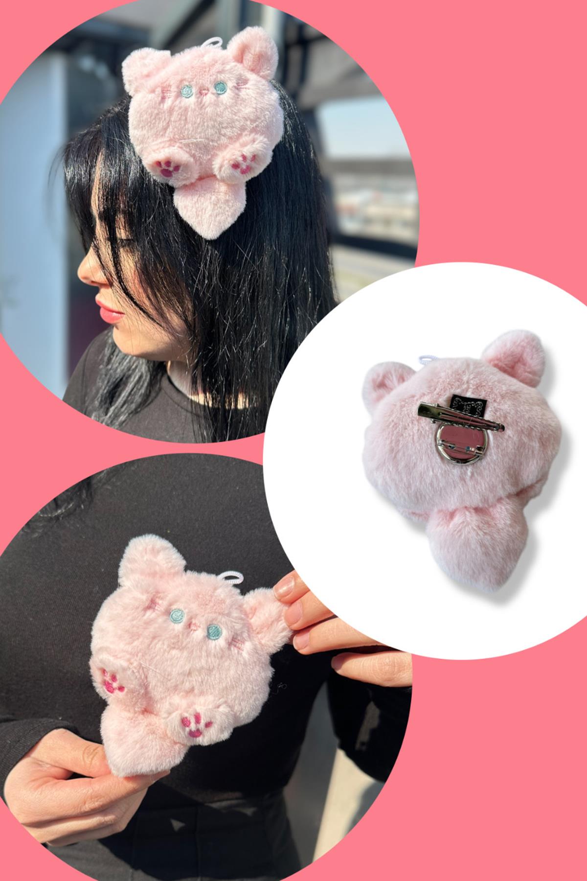 Pembe Renk Kedi Figürlü Yan Toka/ Broş