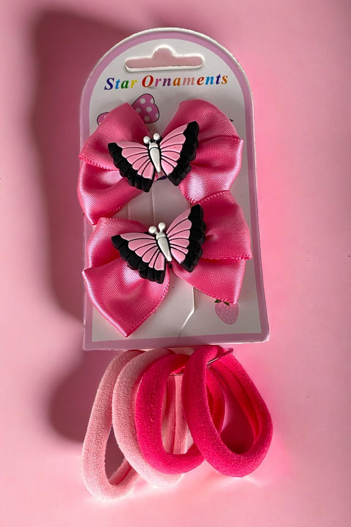 Pembe Renk Kelebek Figürlü Yan Toka Ve Lastik Toka Set