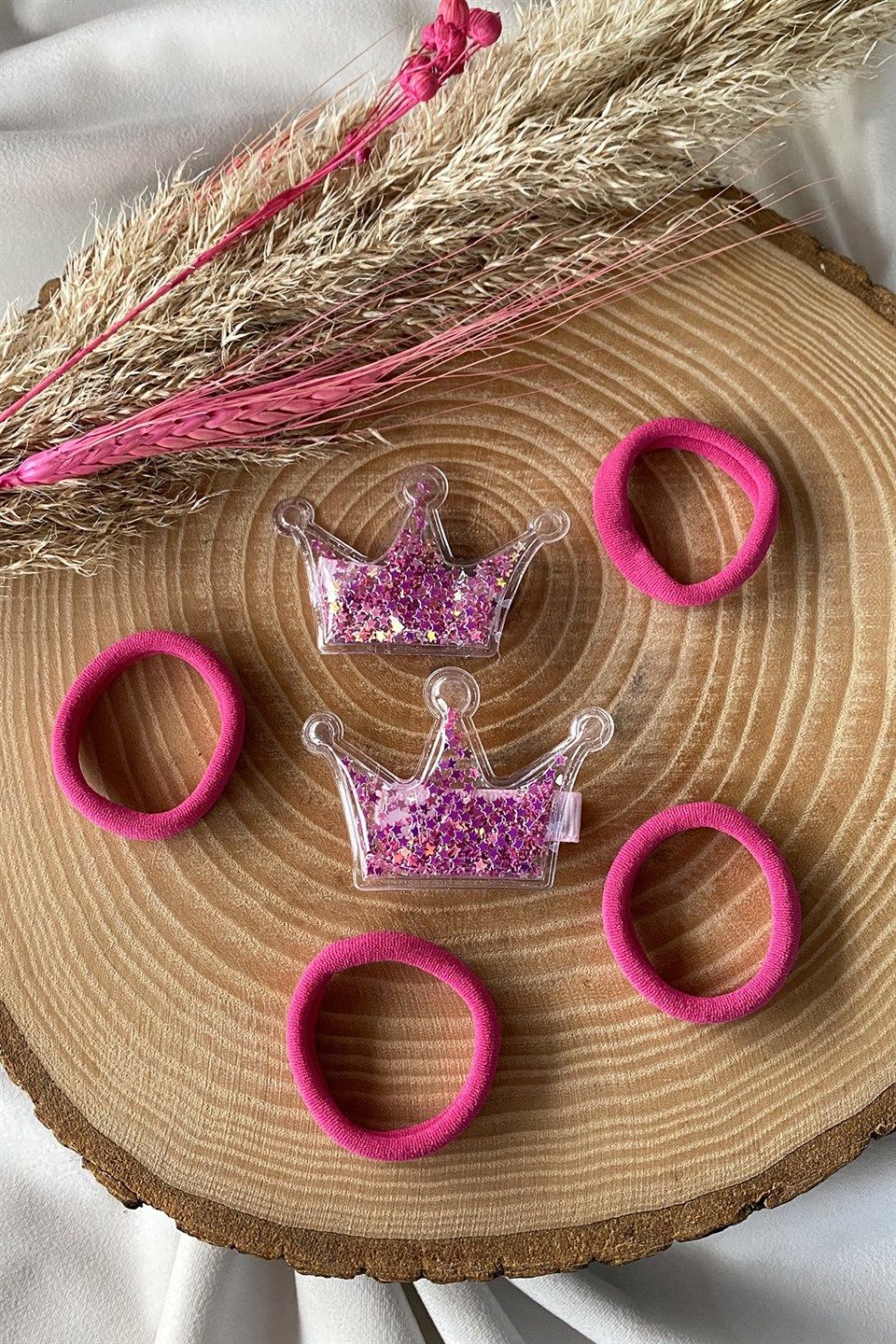 Pembe Renk Kral Tacı Figürlü Çocuk Toka Set