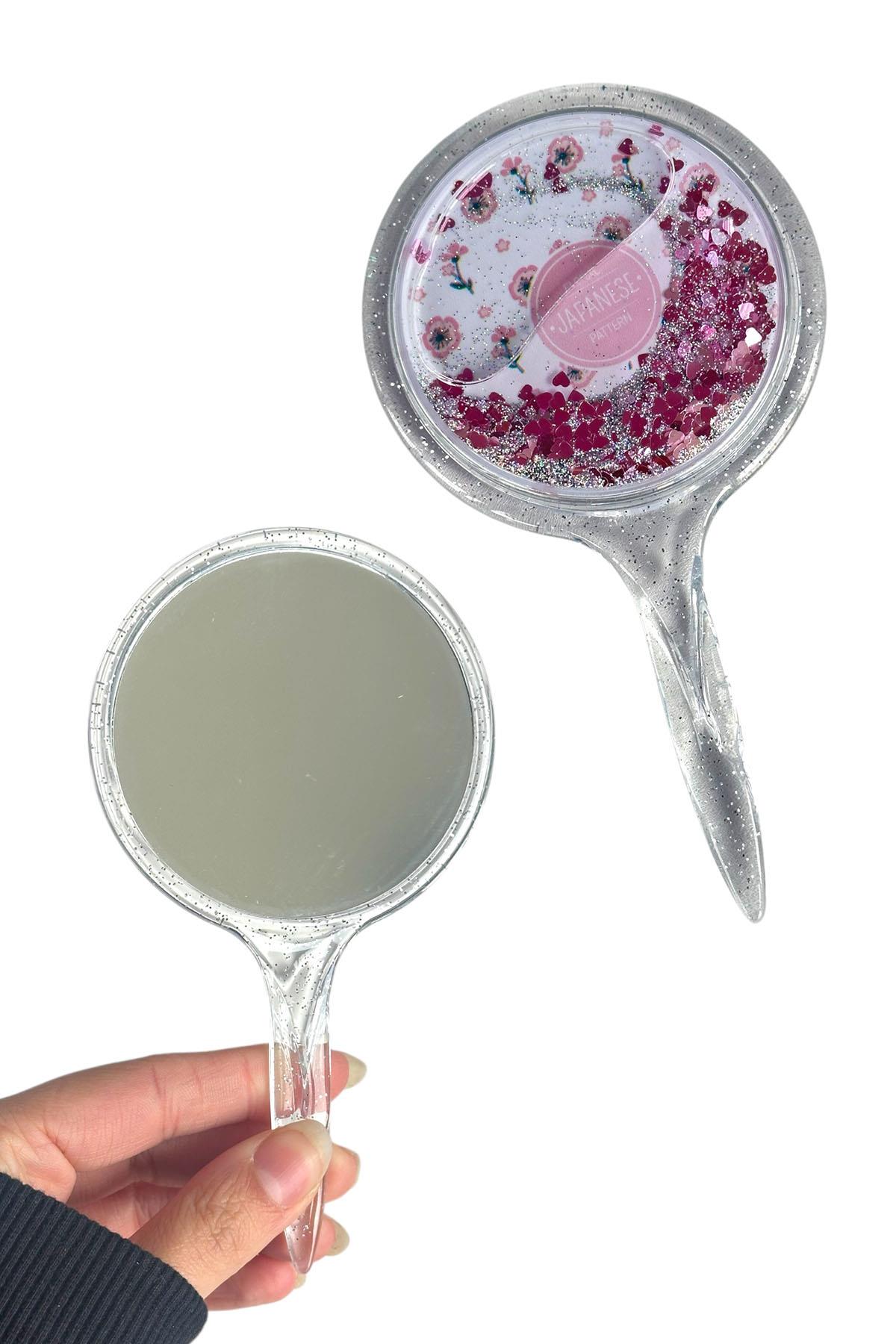 Pembe Renk Pul Detaylı Çiçek Figürlü El Aynası