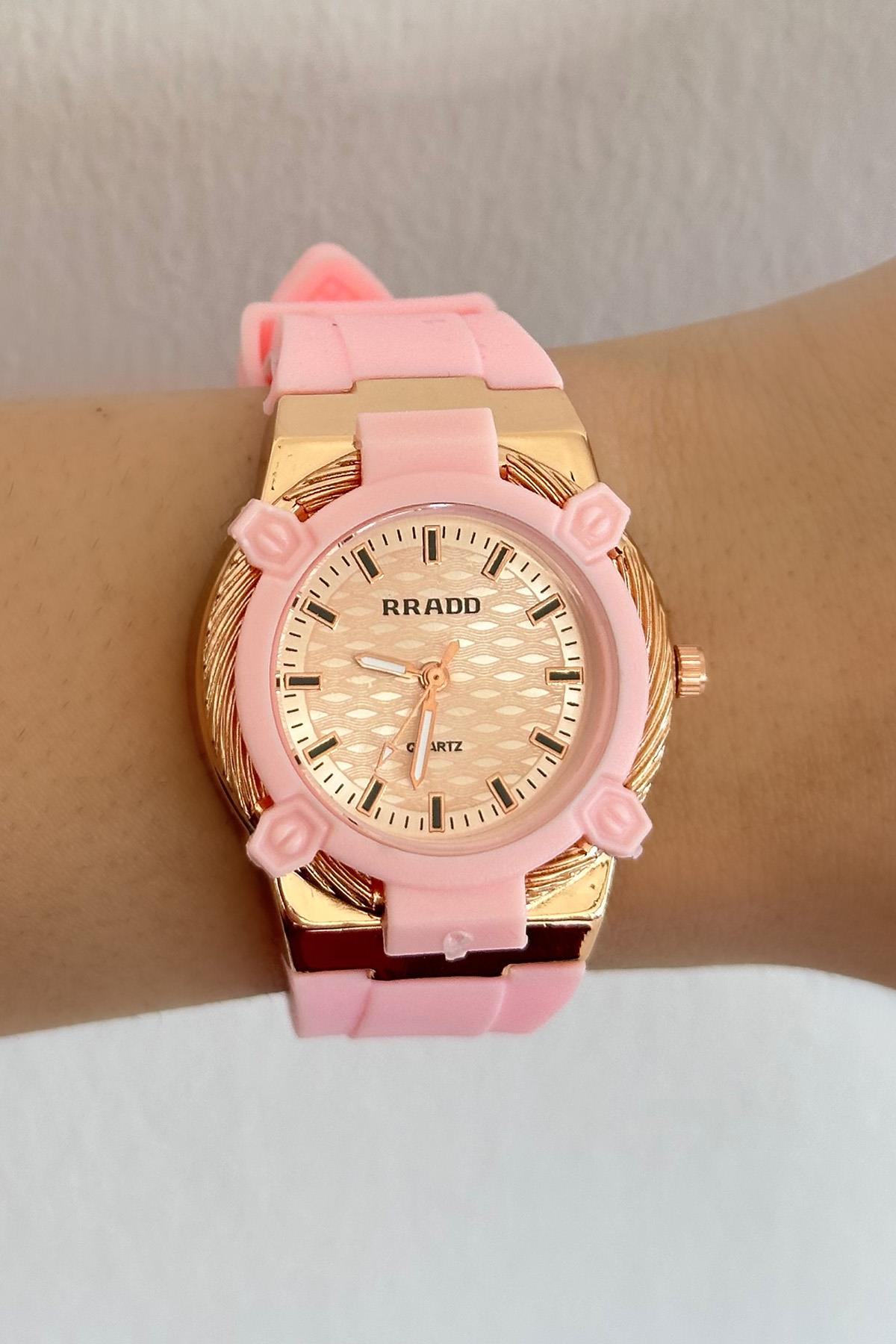 Pembe Renk Silikon Kordonlu Çelik Kadın Saat
