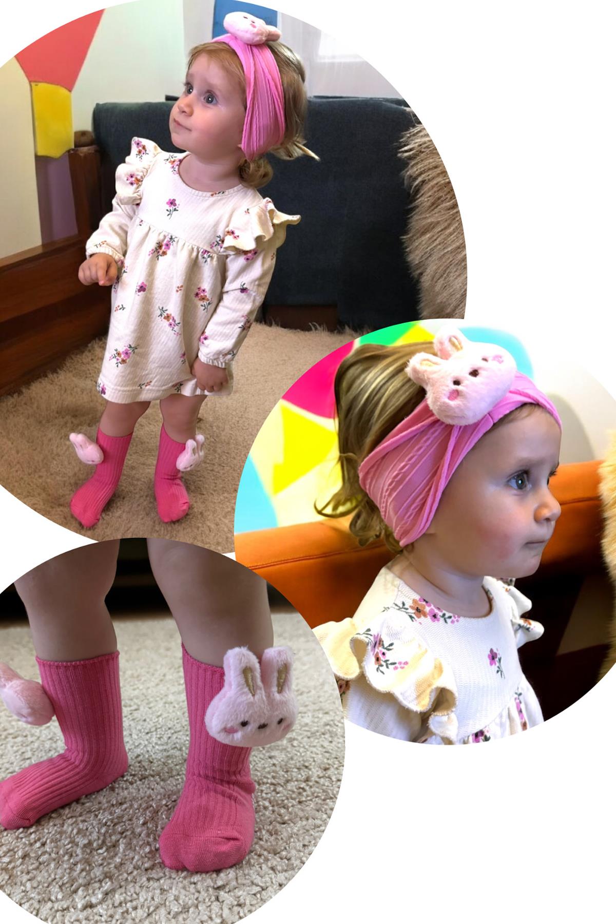 Pembe Renk Tavşan Figürlü Çocuk Saç Bandı Ve Çorap Set