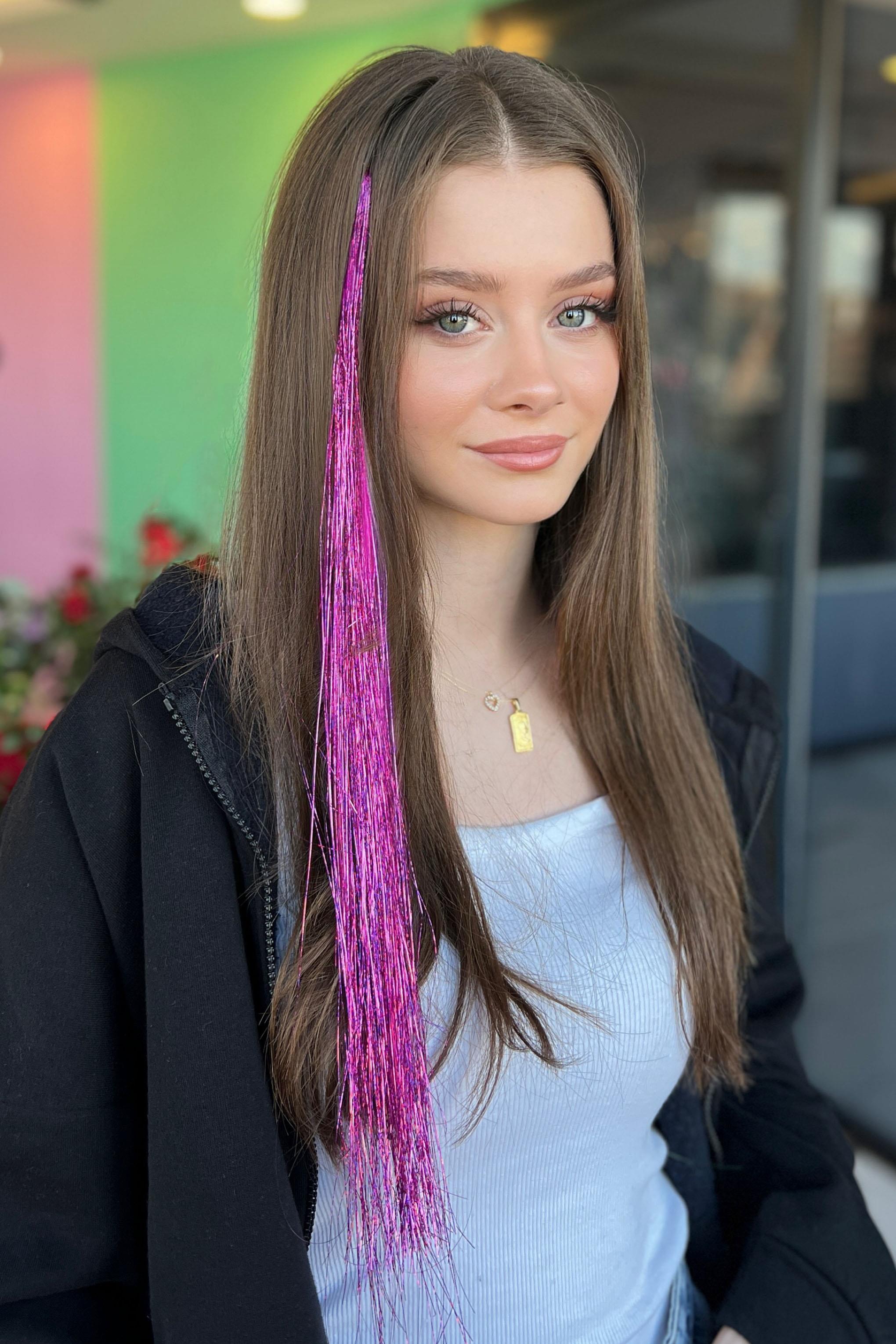 Pembe Simli Yan Postiş 45 Cm