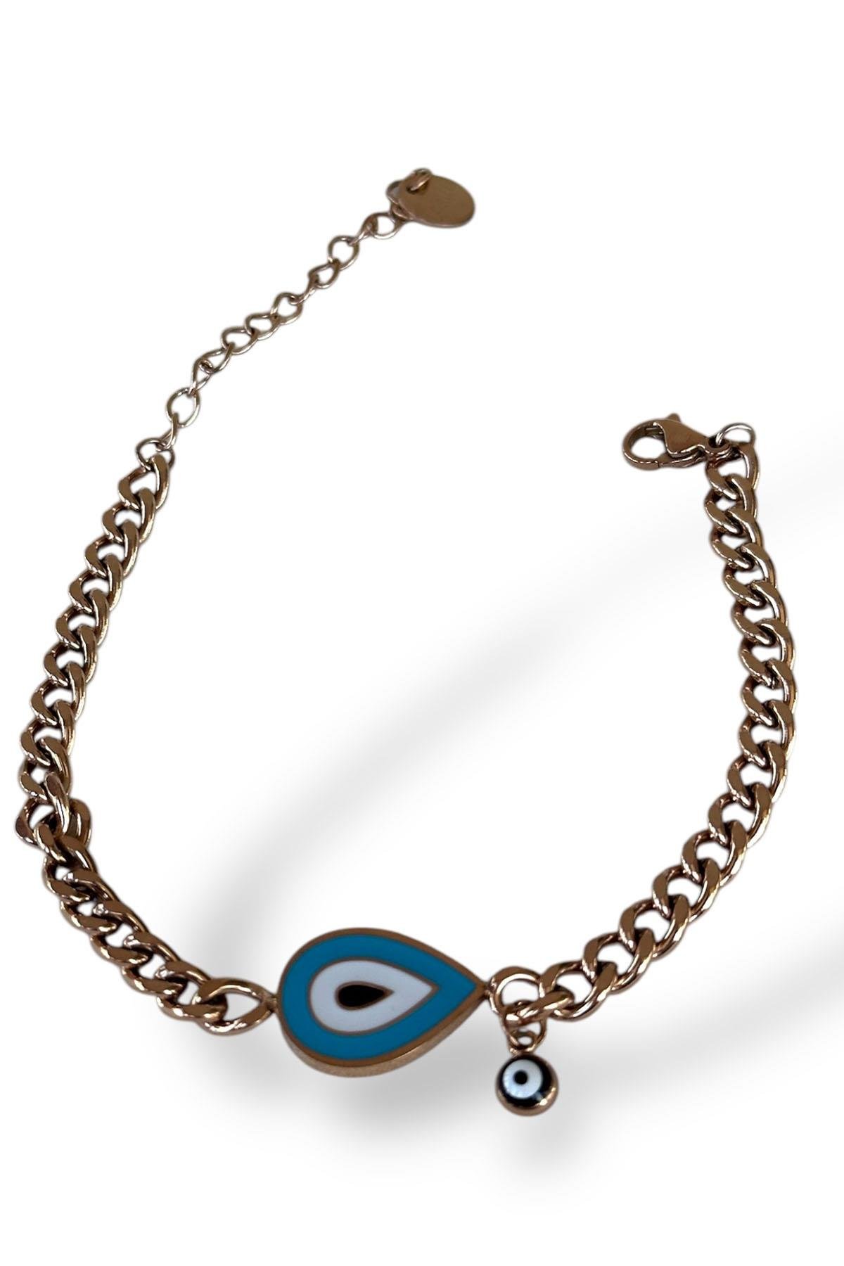 Rose Renk Nazar Boncuğu Figürlü Çelik Bileklik