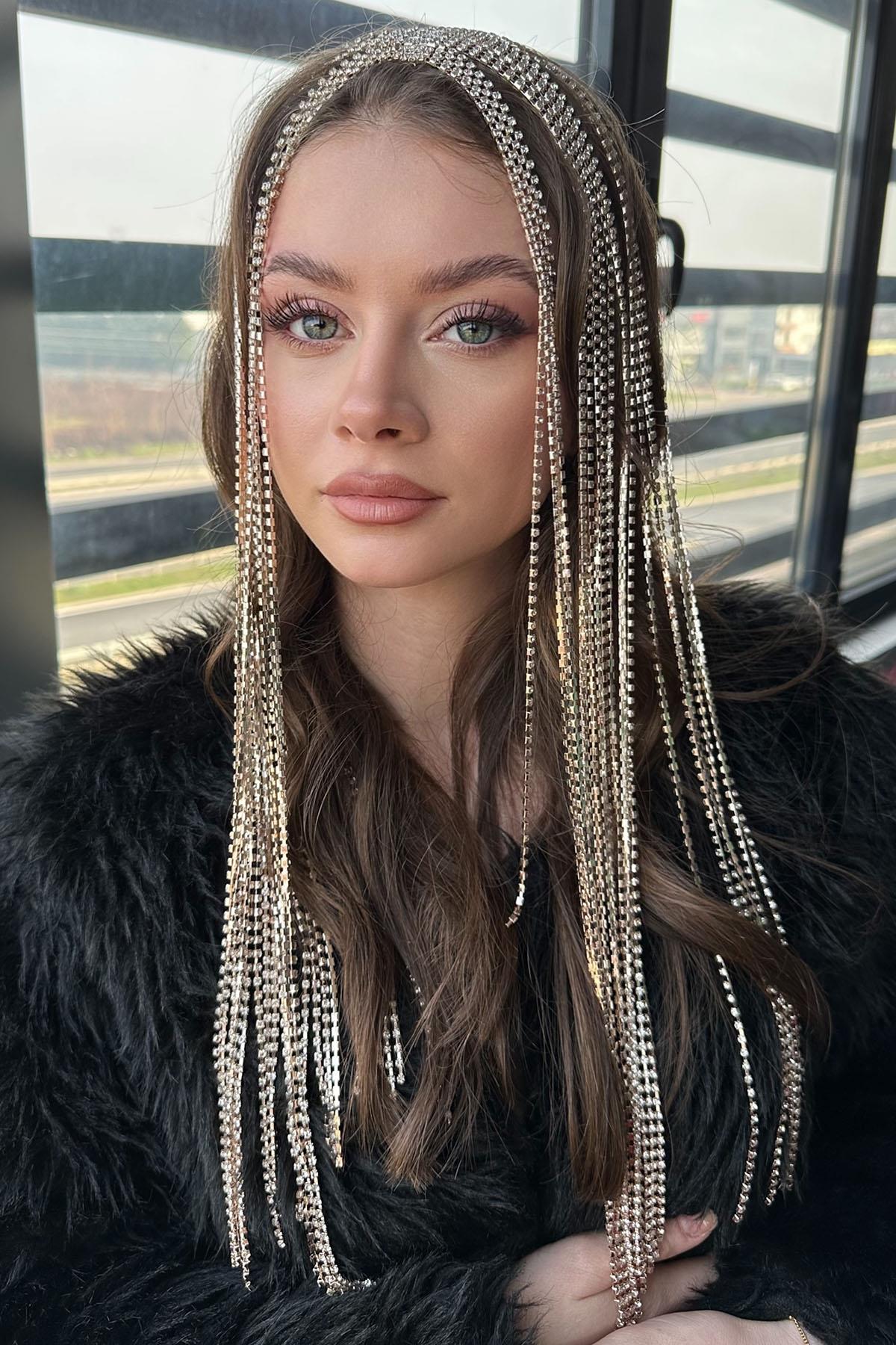 Rose Renk Taş Detaylı Saç Aksesuarı/Kına Aksesuarı