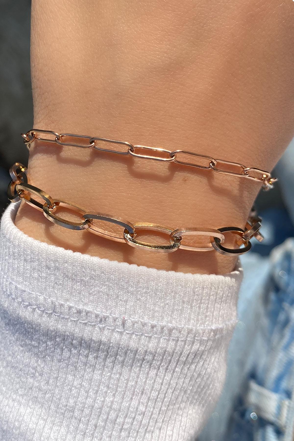 Rose Renk Zincir Detaylı Çelik Bileklik