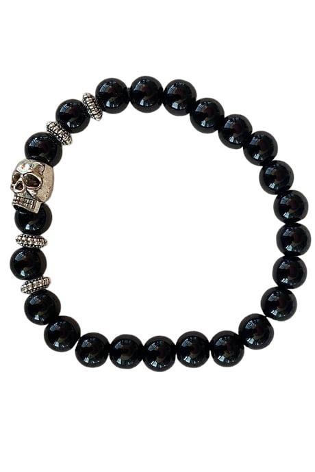 Siyah Renk Boncuk Detaylı Kuru Kafa Figürlü Erkek Bileklik 
