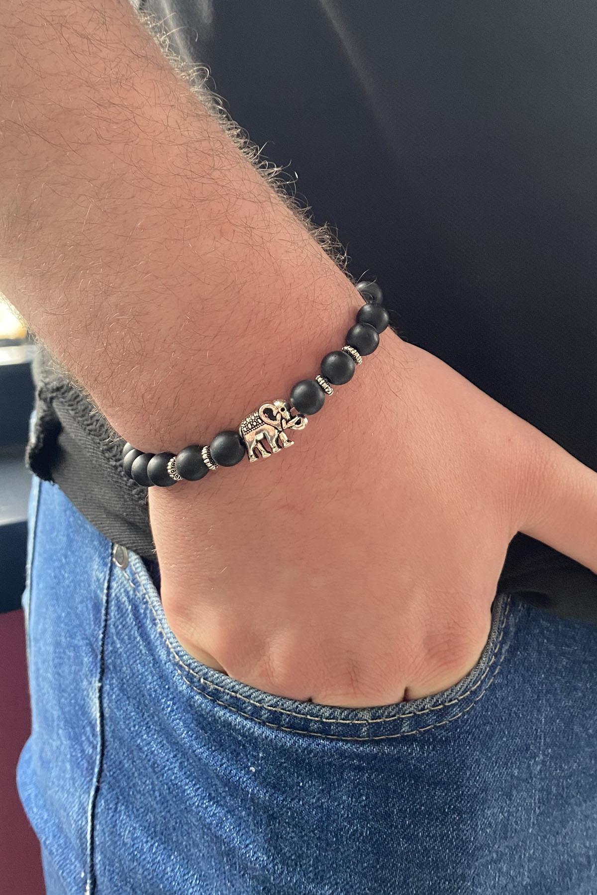 Siyah Renk Fil Figürlü Boncuk Detaylı Erkek Bileklik