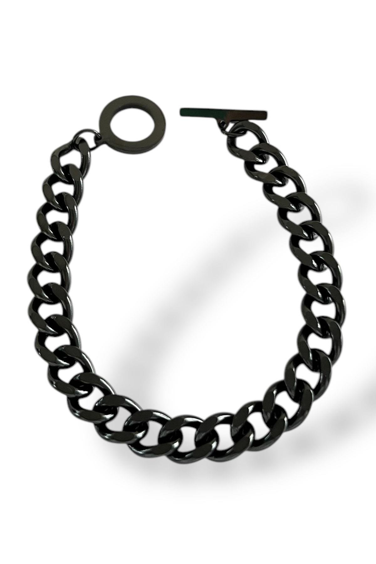 Siyah Renk Halka Kilit Detaylı Zincir Detaylı Çelik Erkek Bileklik