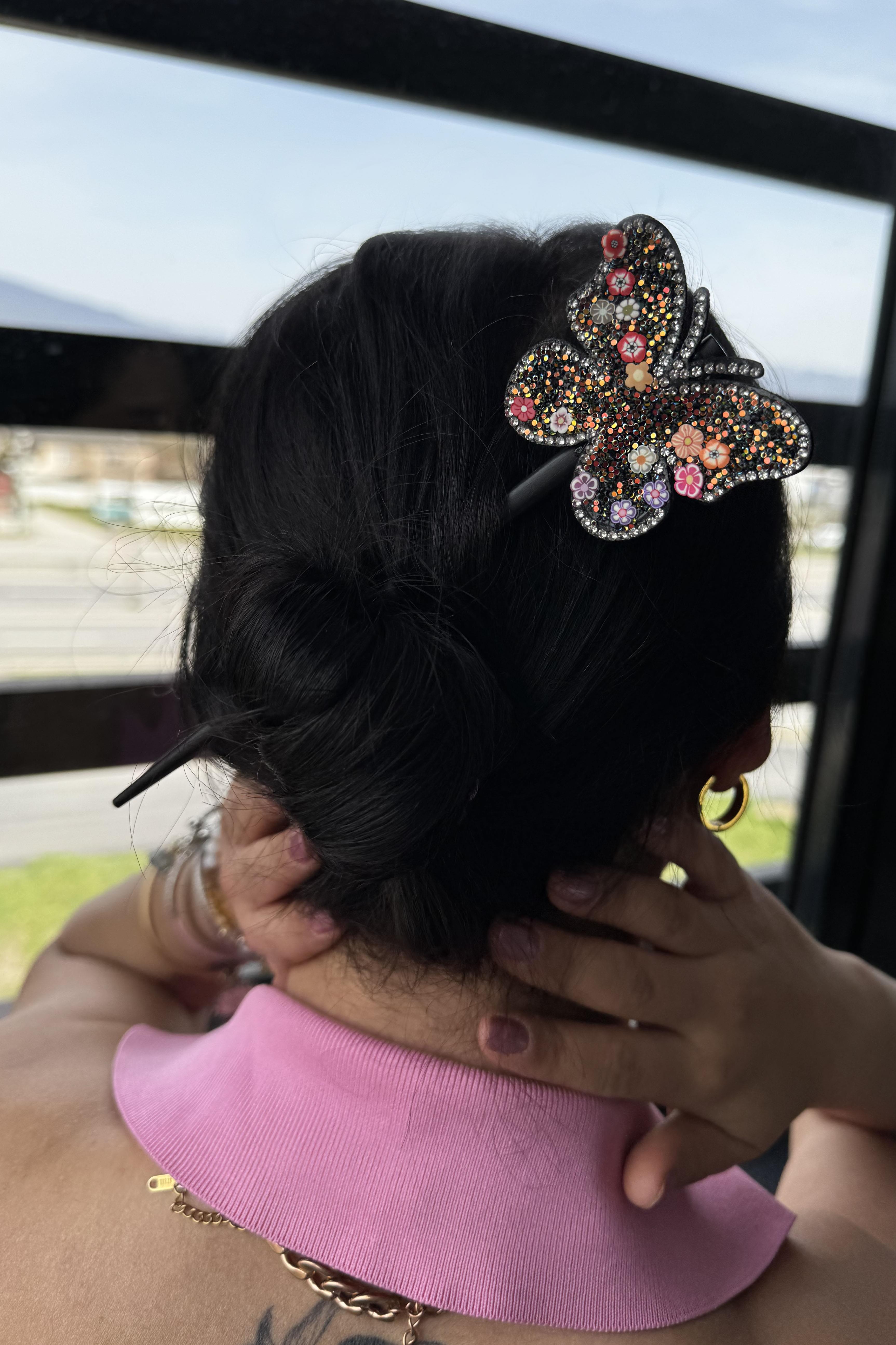 Siyah Renk Kelebek Figürlü Topuz Tokası/Topuz Kalemi