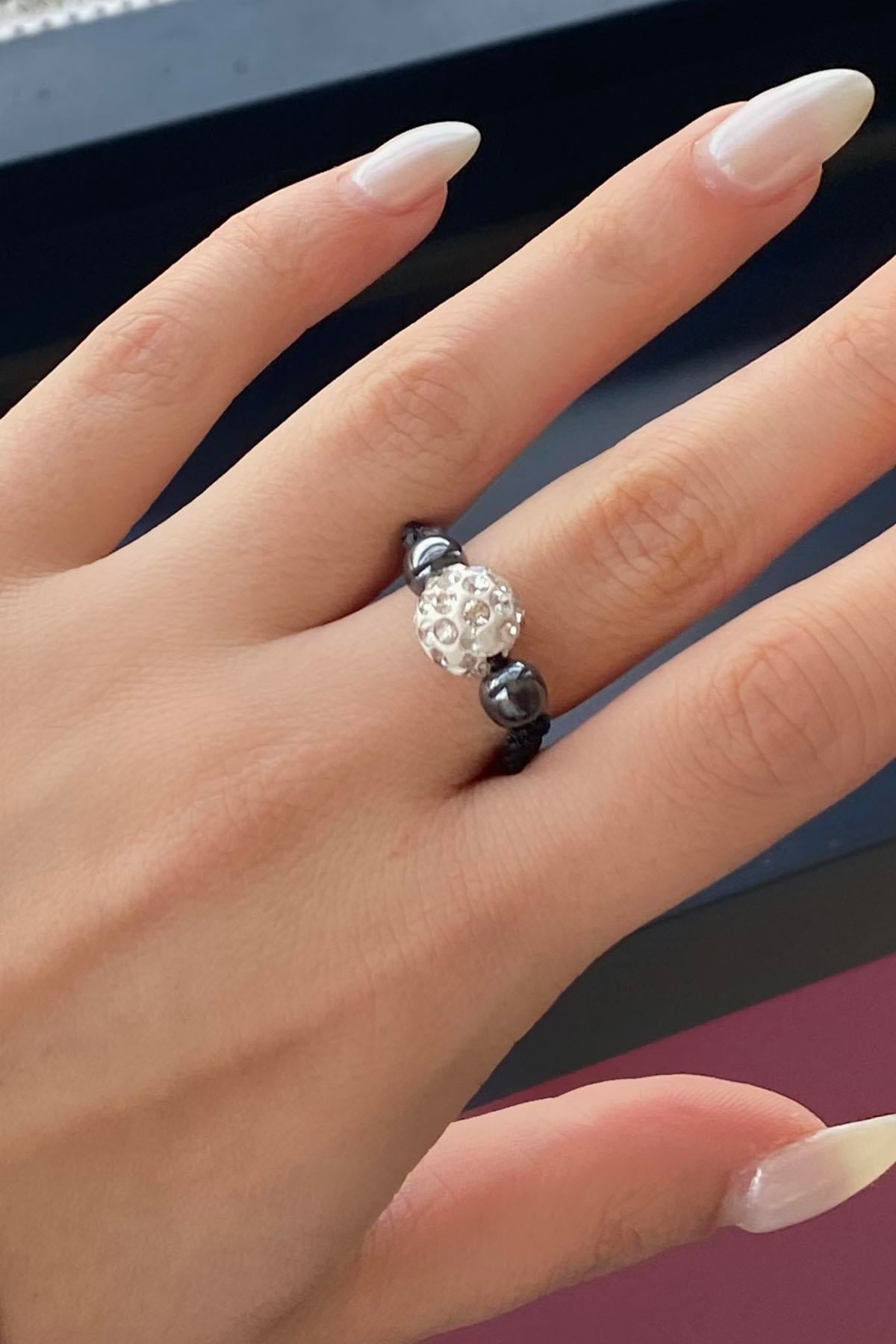 Siyah Renk Taş Figürlü İp Detaylı Ayarlanabilir Yüzük