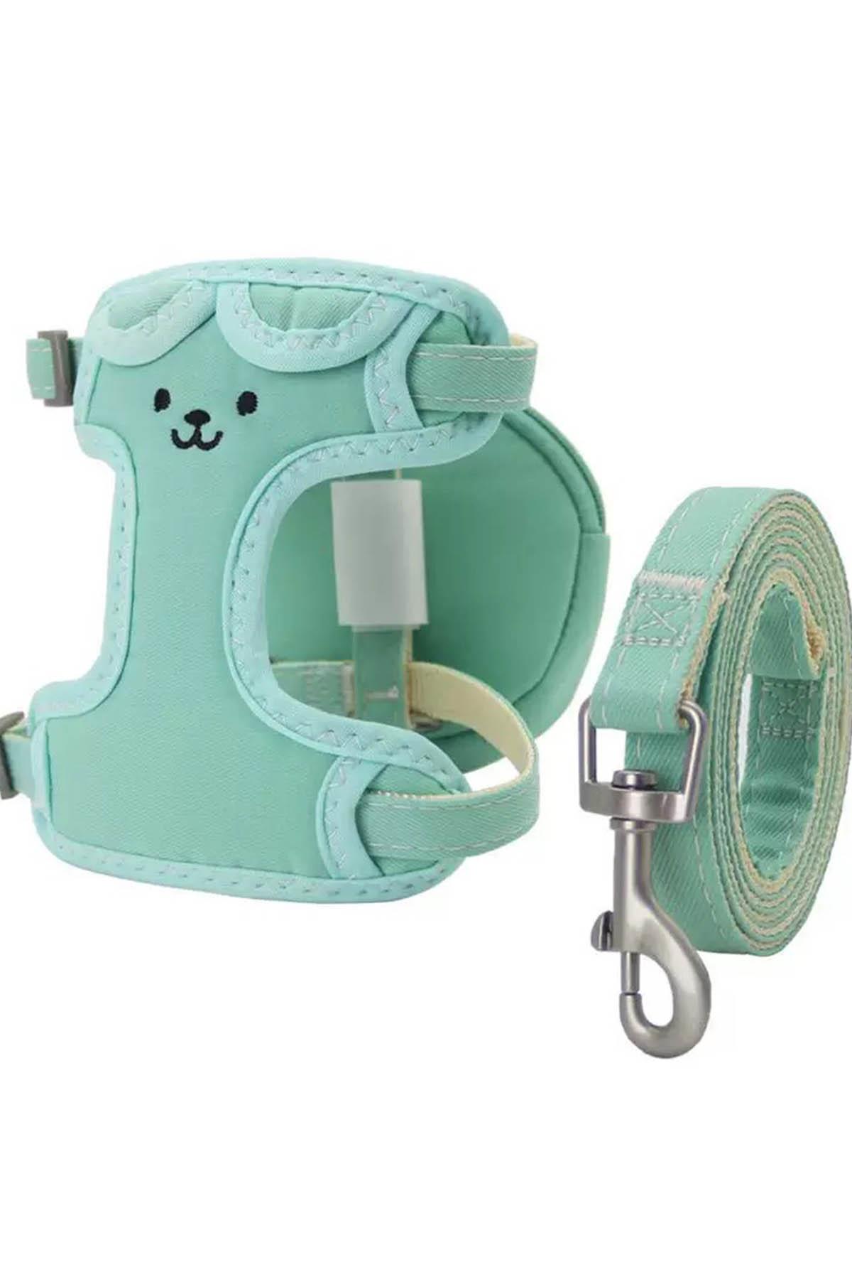 Turkuaz Renk Ayıcık Çanta Detaylı Figürlü Bel Göğüs Ayarlanabilir Kedi/Köpek Tasma