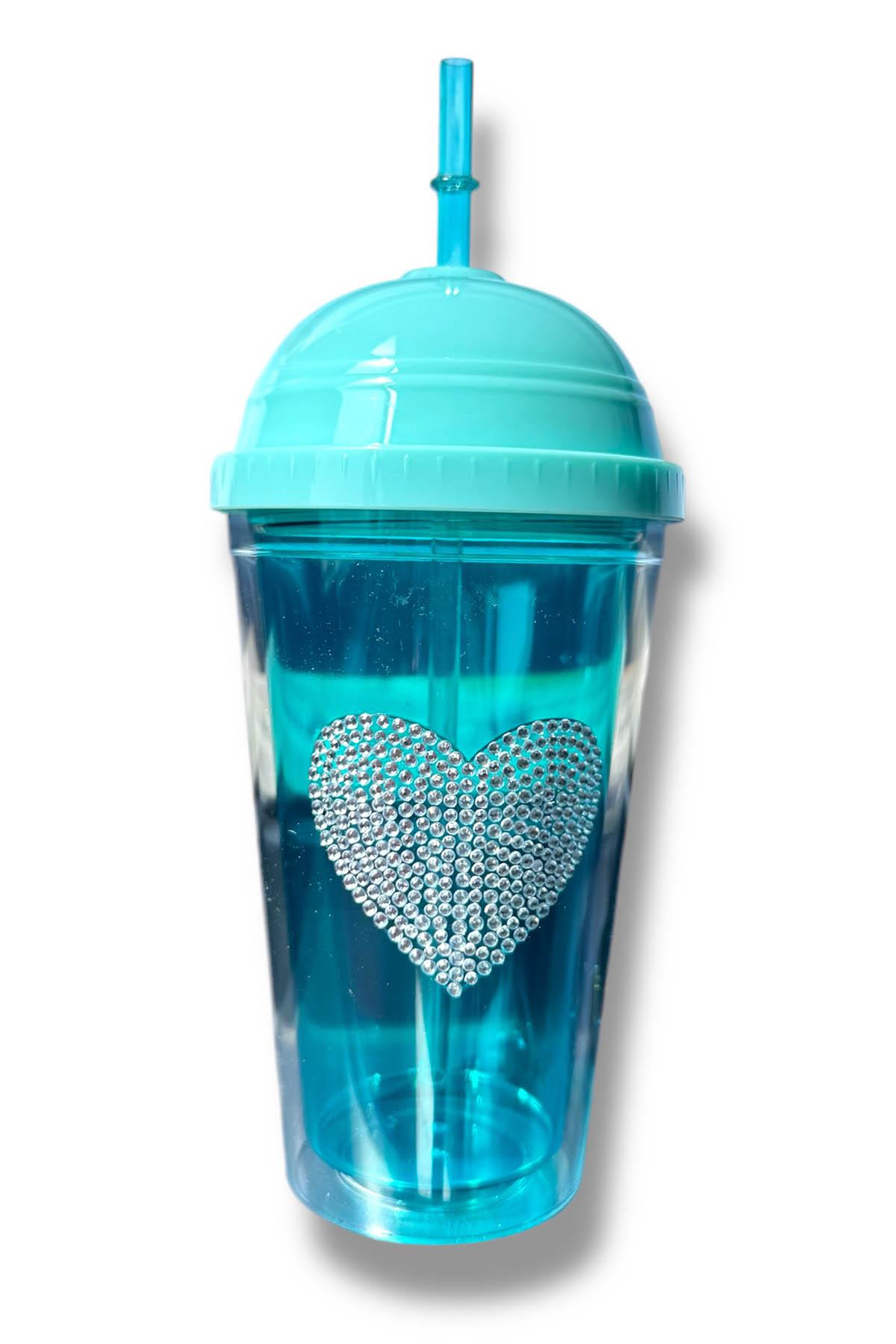 Turkuaz Renk Kalp Figürlü Taş Detaylı Pipetli Suluk