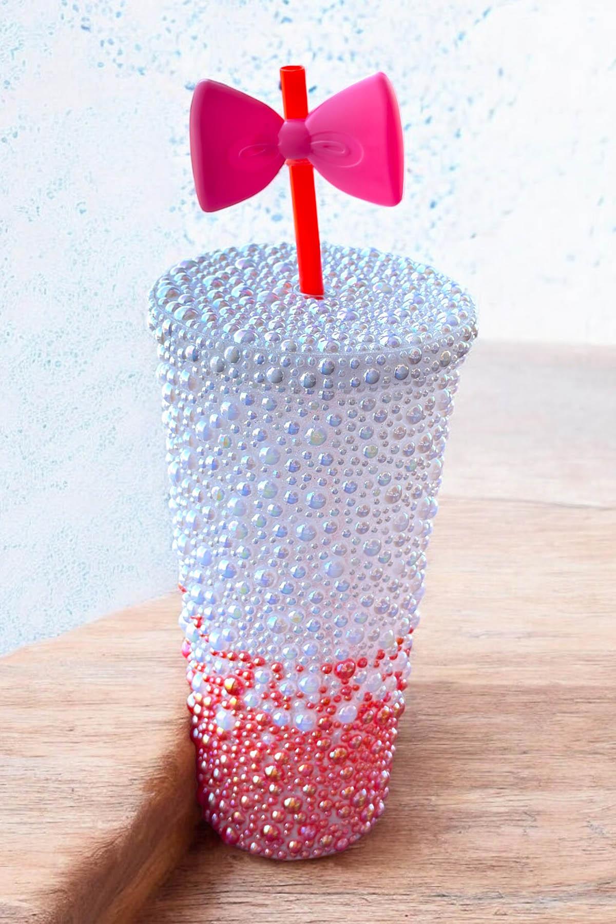 Turuncu Ve Beyaz Renk İnci Detaylı Pipetli Suluk