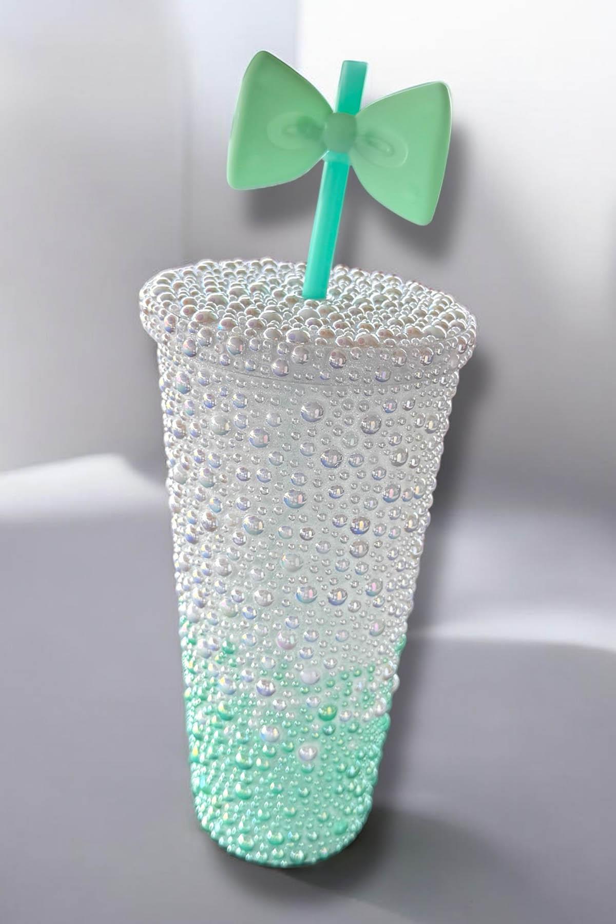 Yeşil Ve Beyaz Renk İnci Detaylı Pipetli Suluk