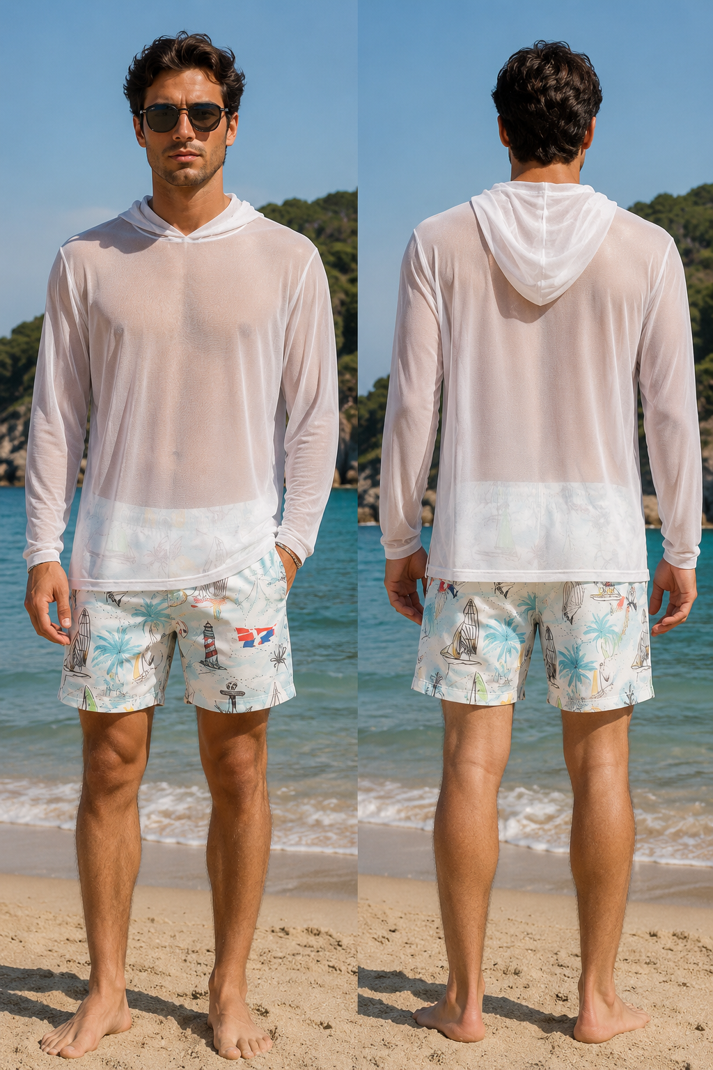 Erkek Kapşonlu Tül Plaj T-Shirt