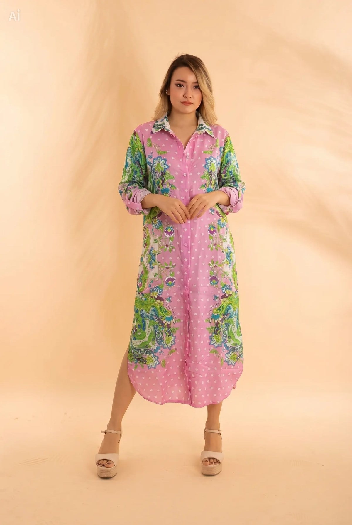 Uzun Gömlek Etnik Pembe Bnts-23010-B