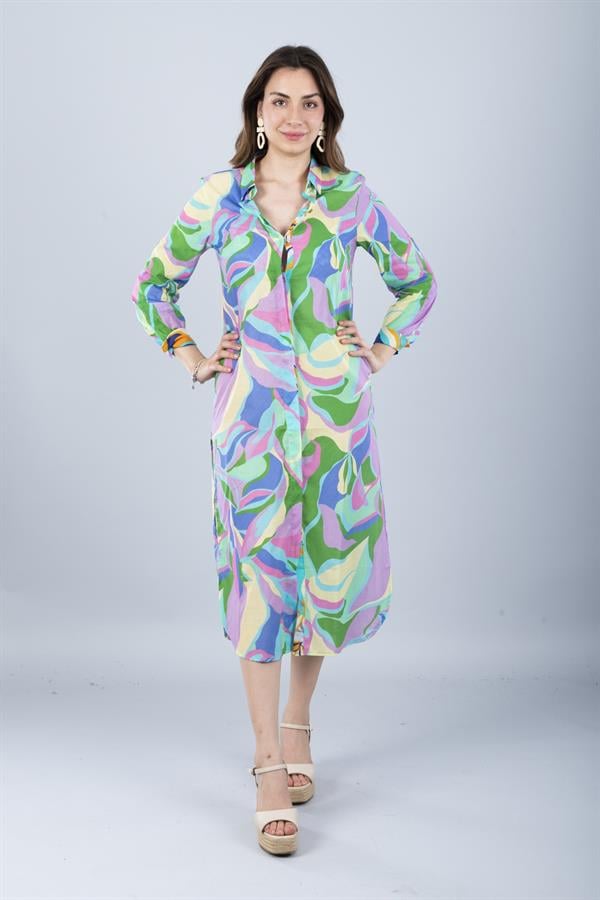 VUAL UZUN KOLLU DESENLİ GÖMLEK TURKUAZ ÇİÇEK