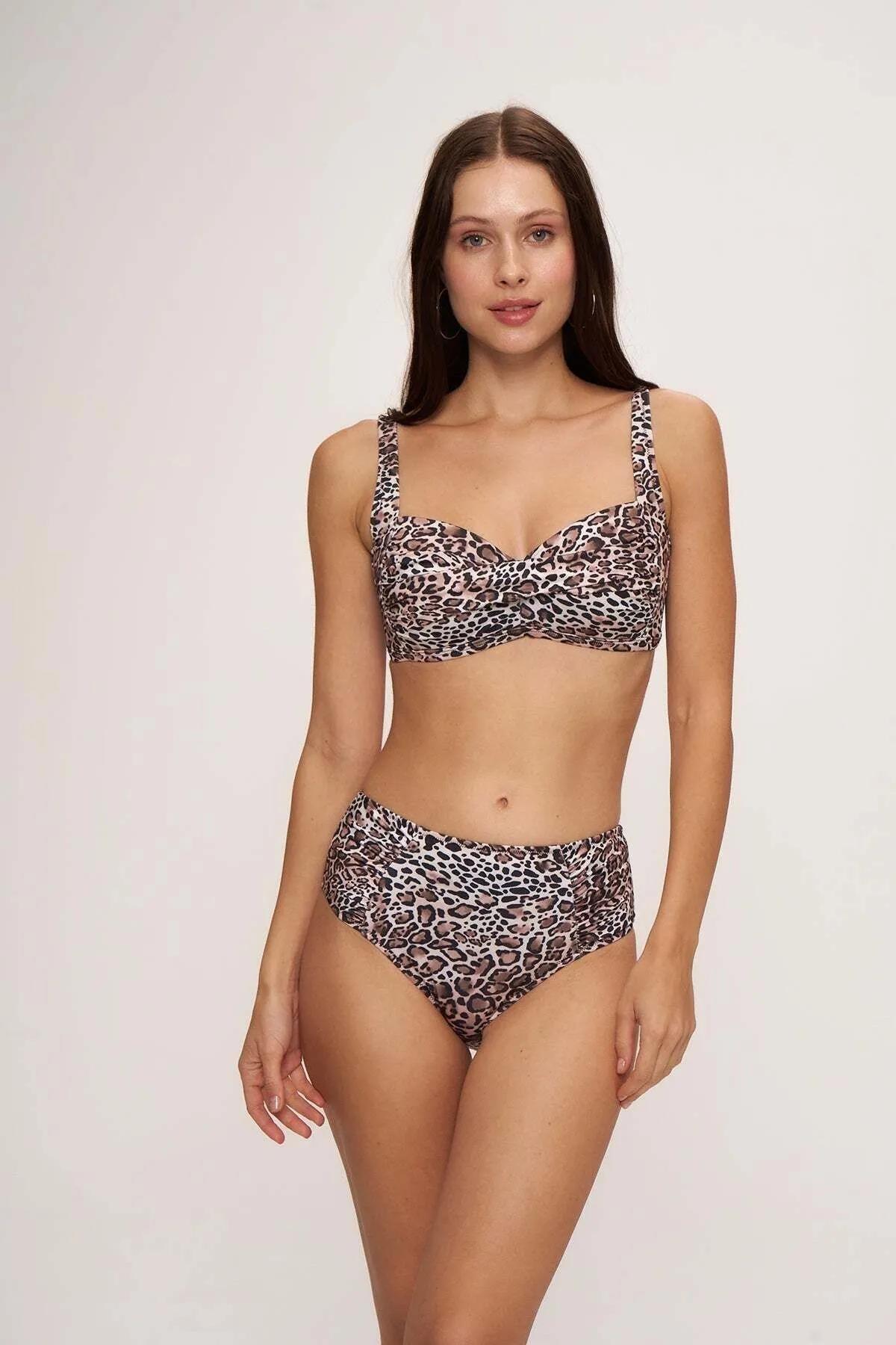 Astarlı Kalın Askılı Yüksek Bel Bikini Takımıı Leopar 