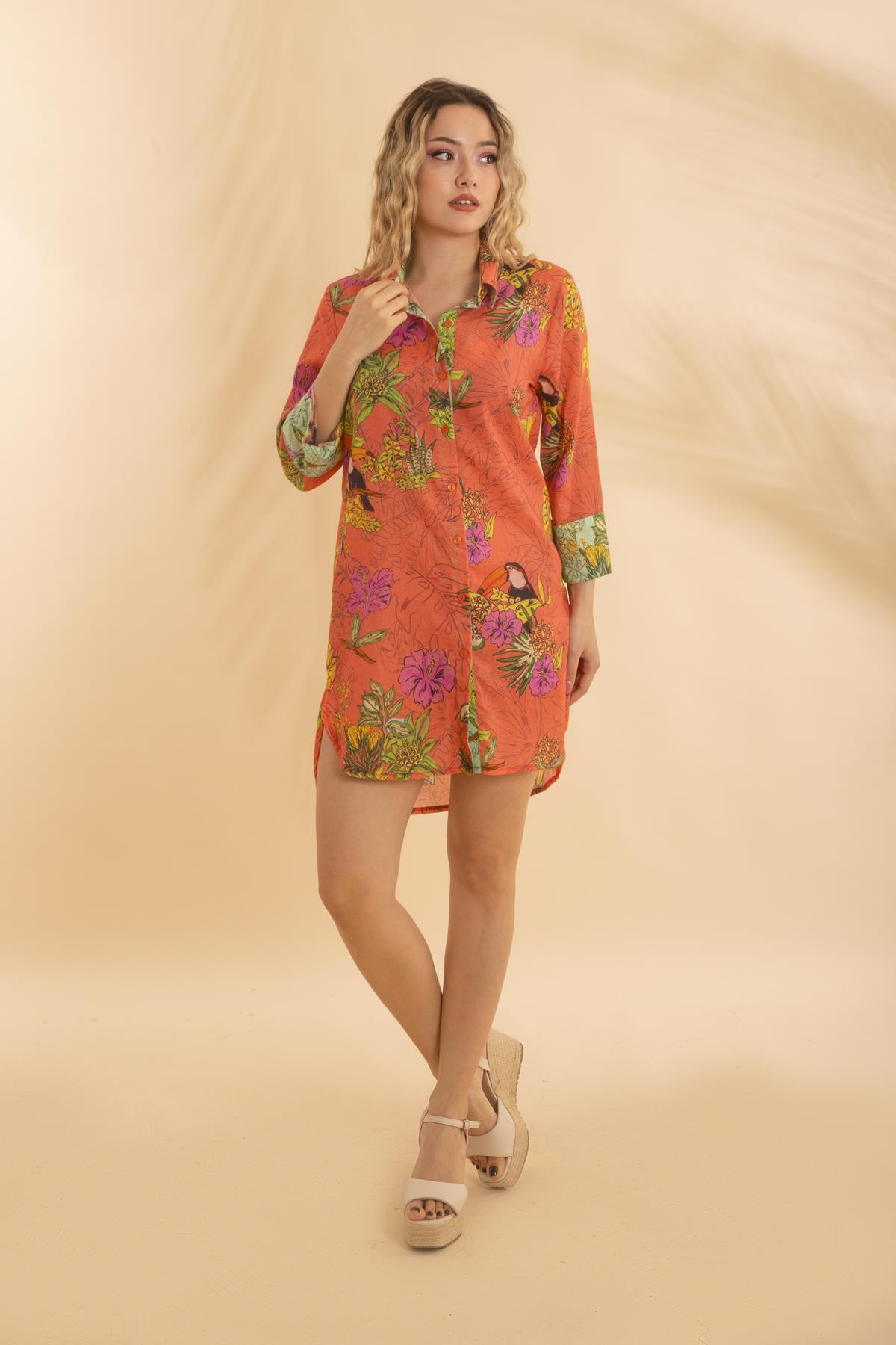 Short Shirt Battal Tropical Orange BNTS-23009-B