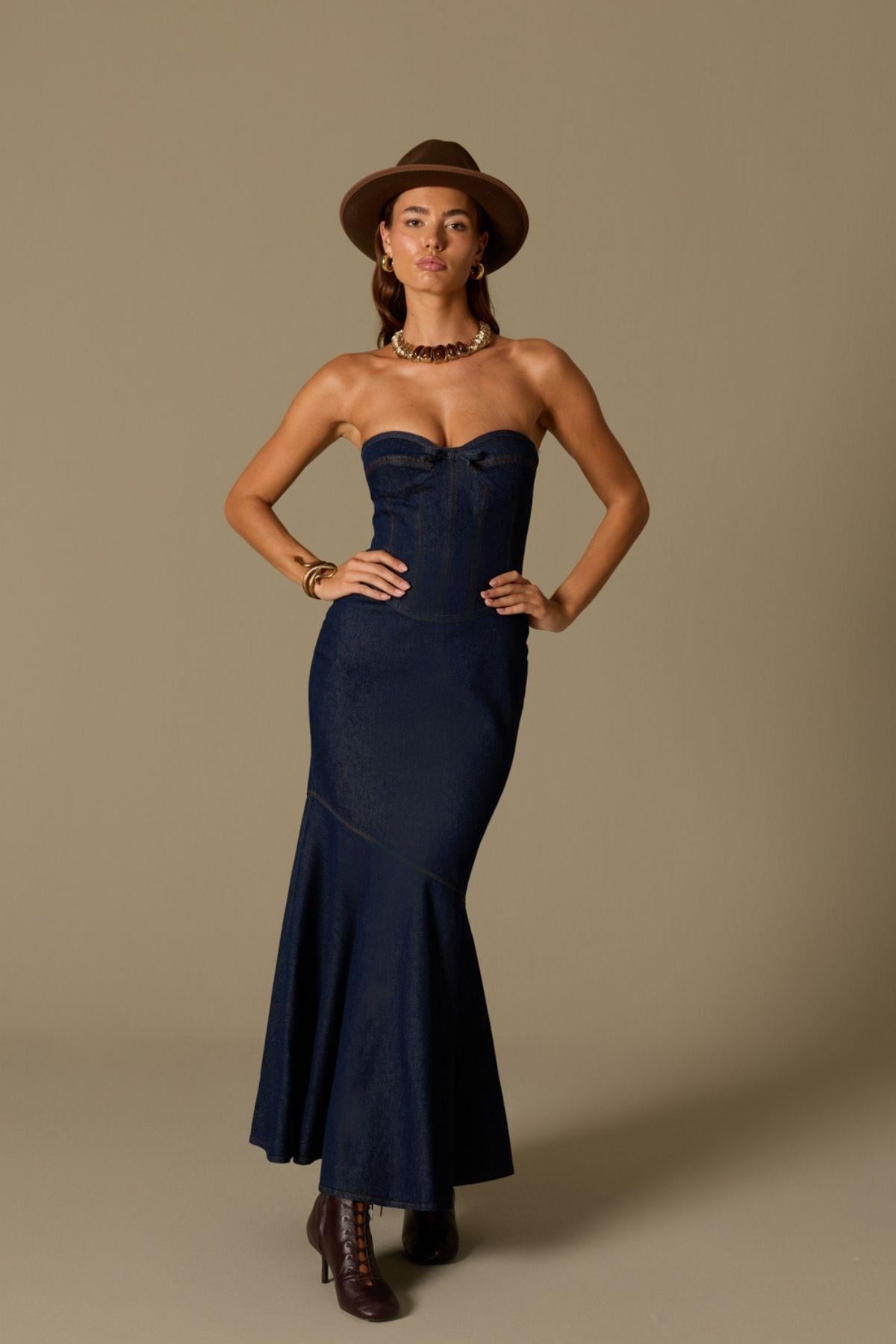 Jean Fleur Denim Maxi Dress Blue Denim