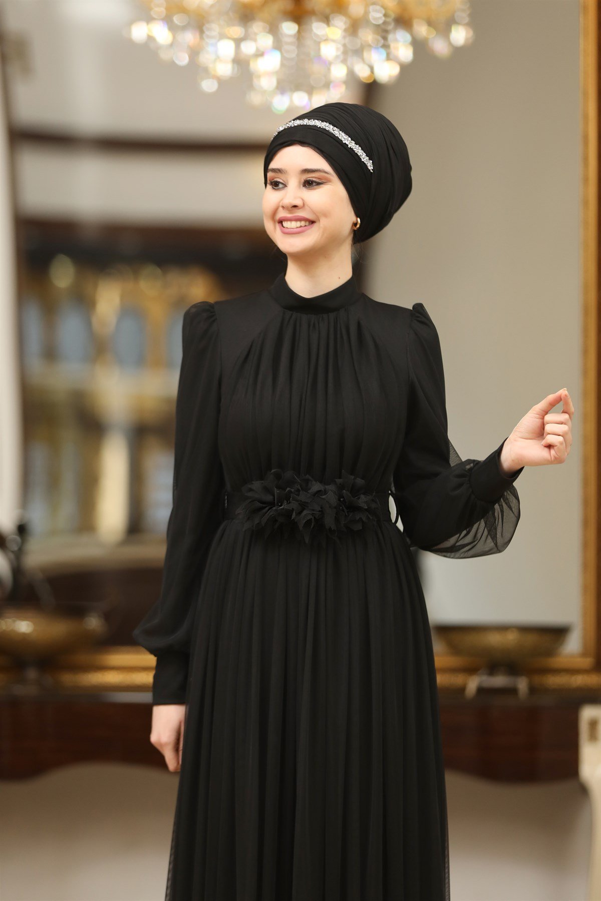 Çiçek Tesettür Abiye Siyah