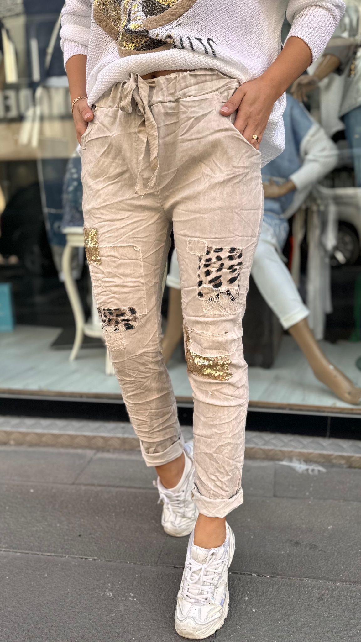  İthal Pantolon Leopar Krem