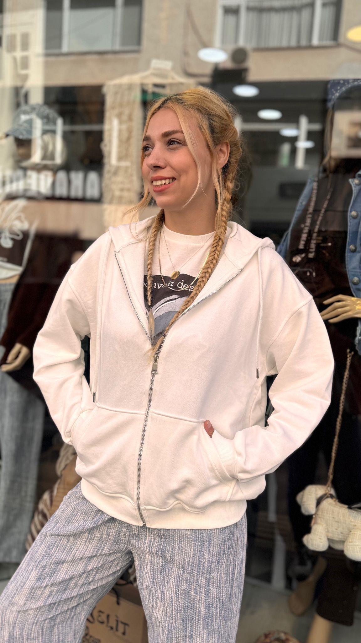  Sweatshirt Beyaz Fermuarlı