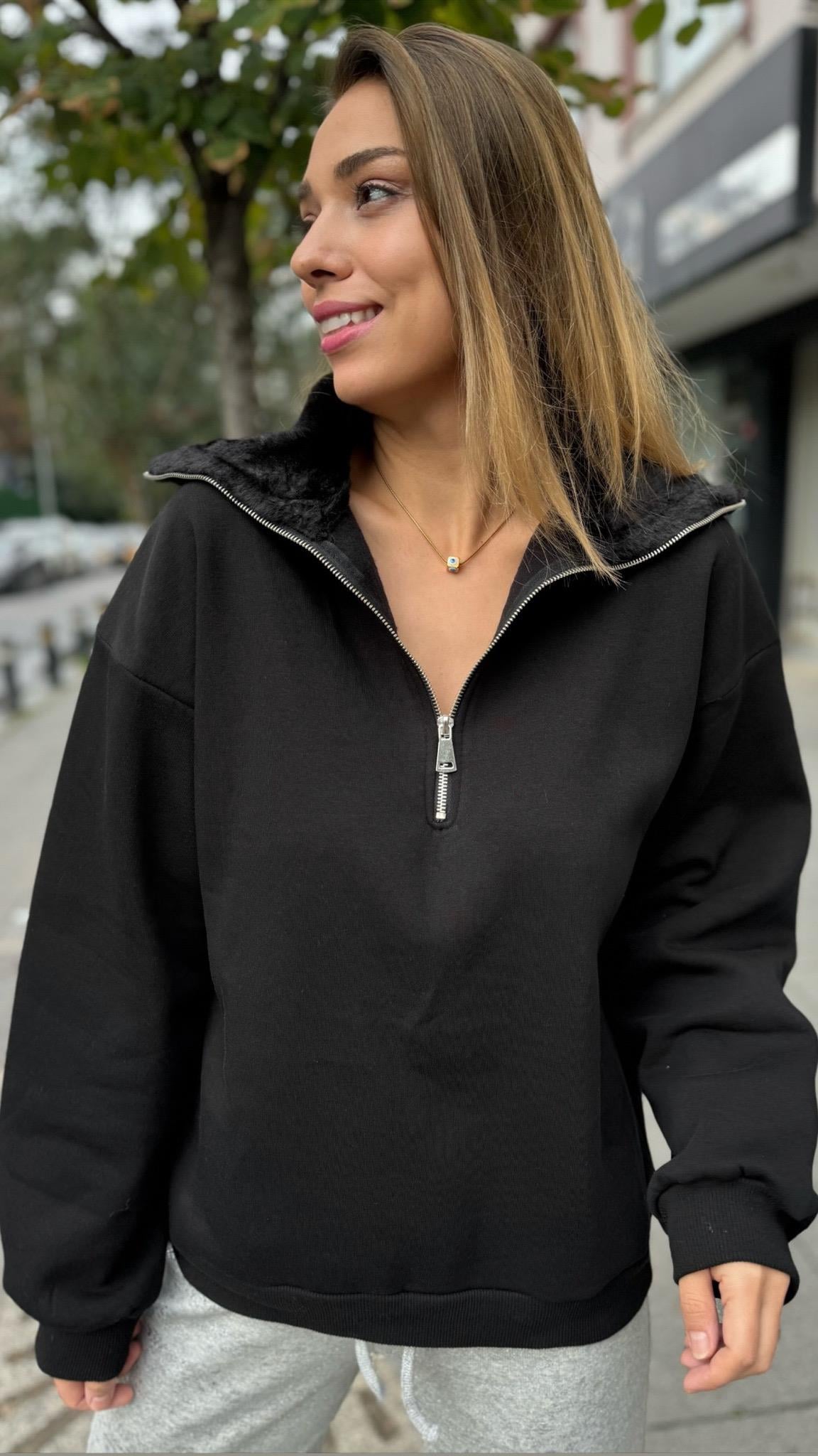 Fermuarlı Kürklü Sweatshirt 