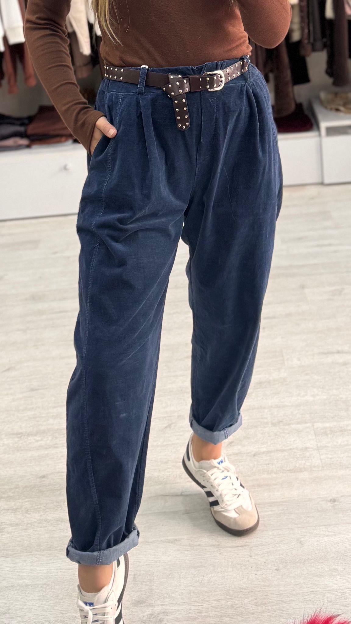 İthal Kadife Kemerli Mom Pantolon 