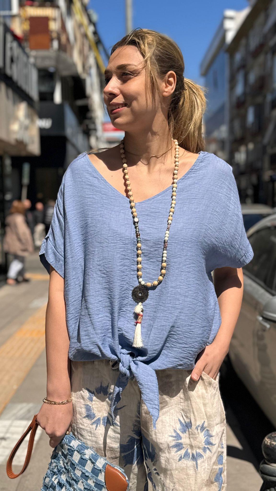 İthal Keten Bluz Bağlamali 
