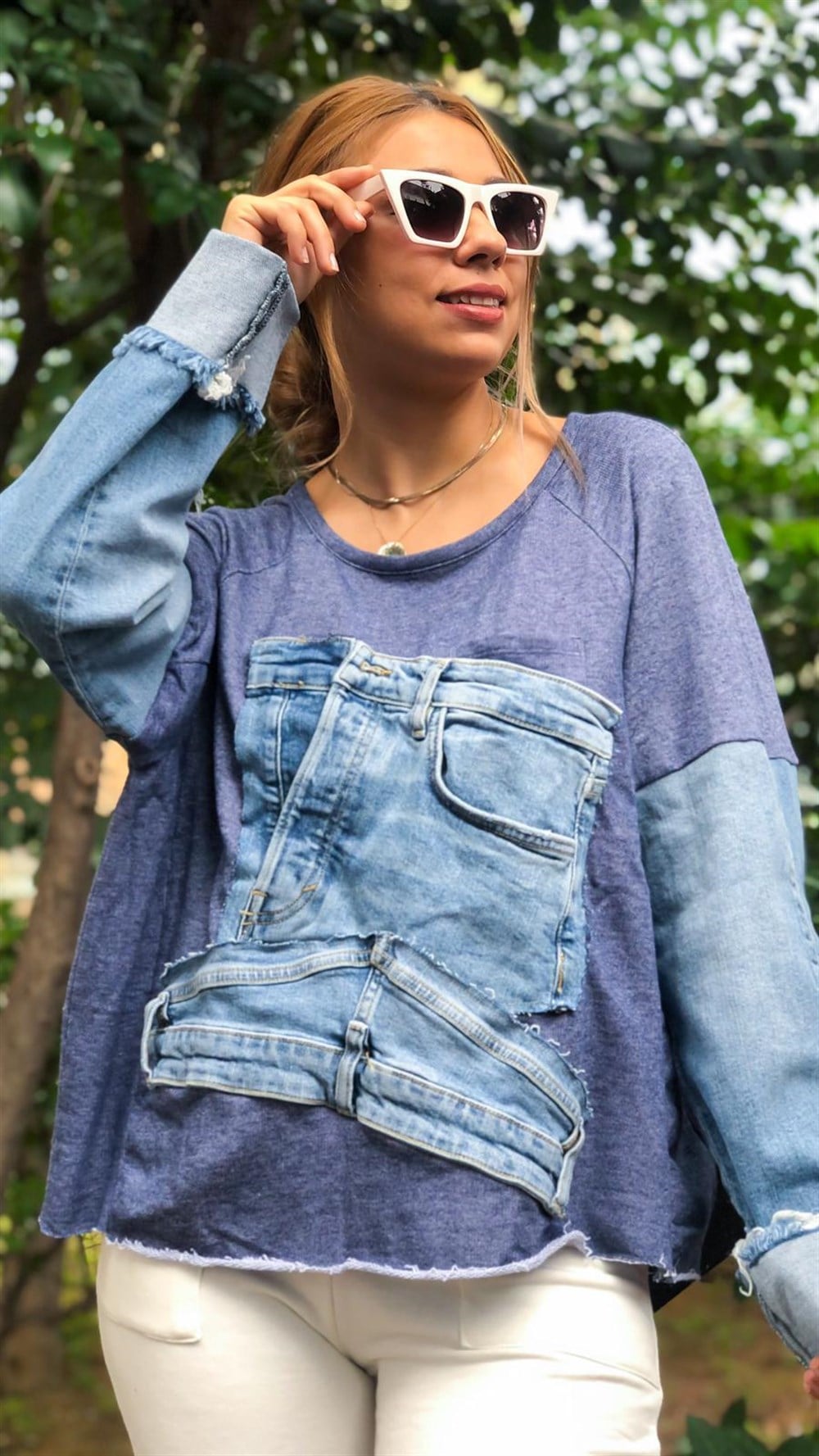  Tasarım Kot Karışım Sweatshirt