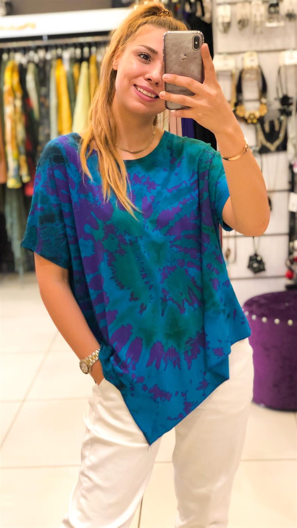 Batik Desen Kısa Kol Bluz 