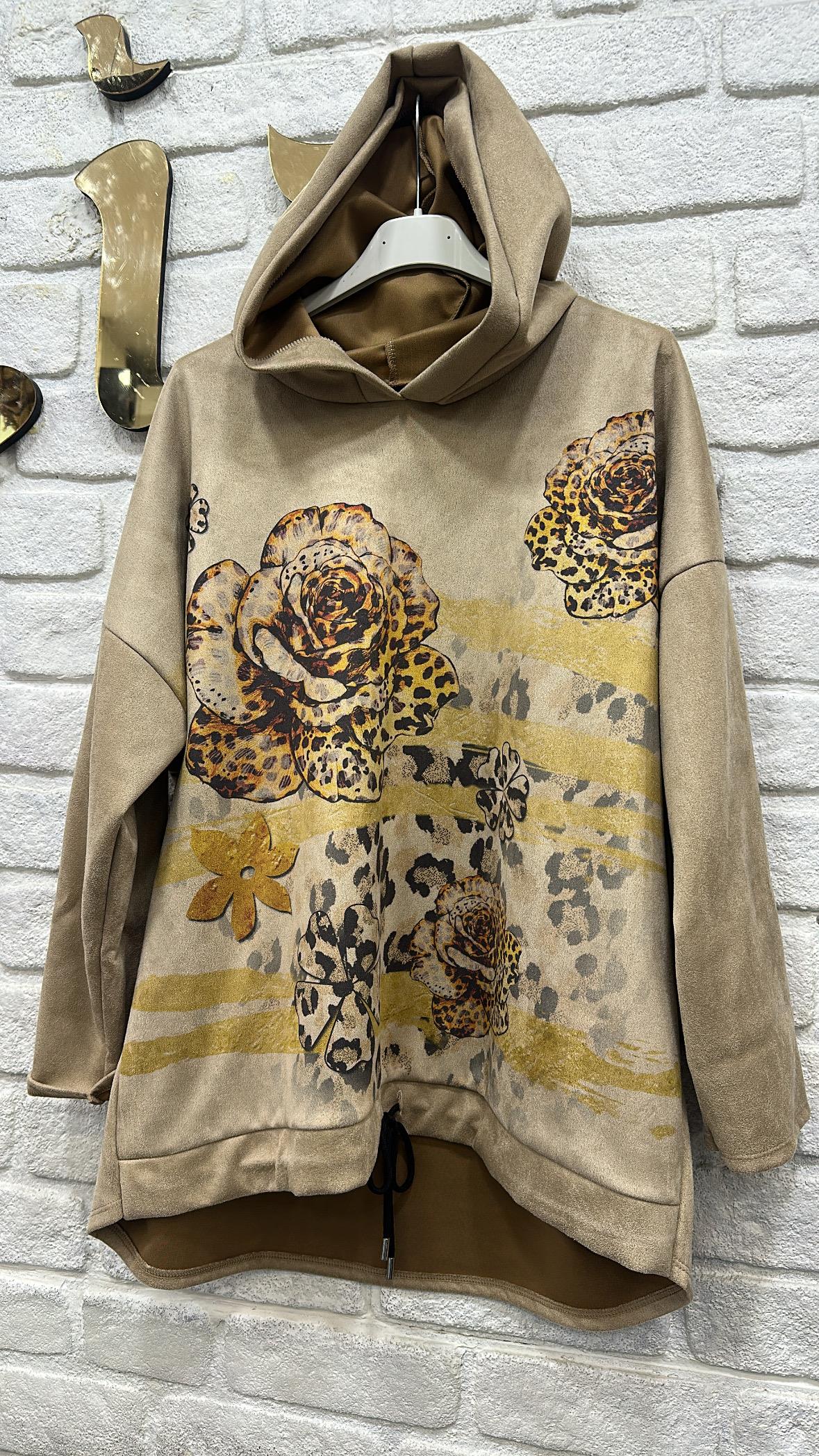 Çiçek Leopar Kapşonlu Sweatshirt 