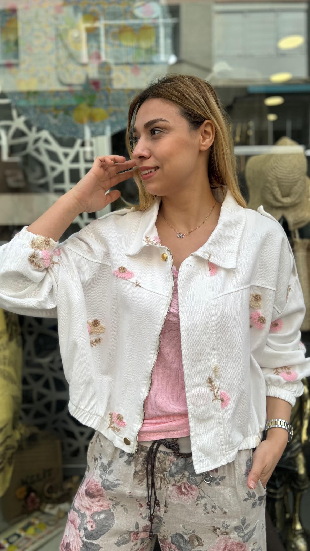 İthal Beyaz Pembe Çiçekli Ceket 