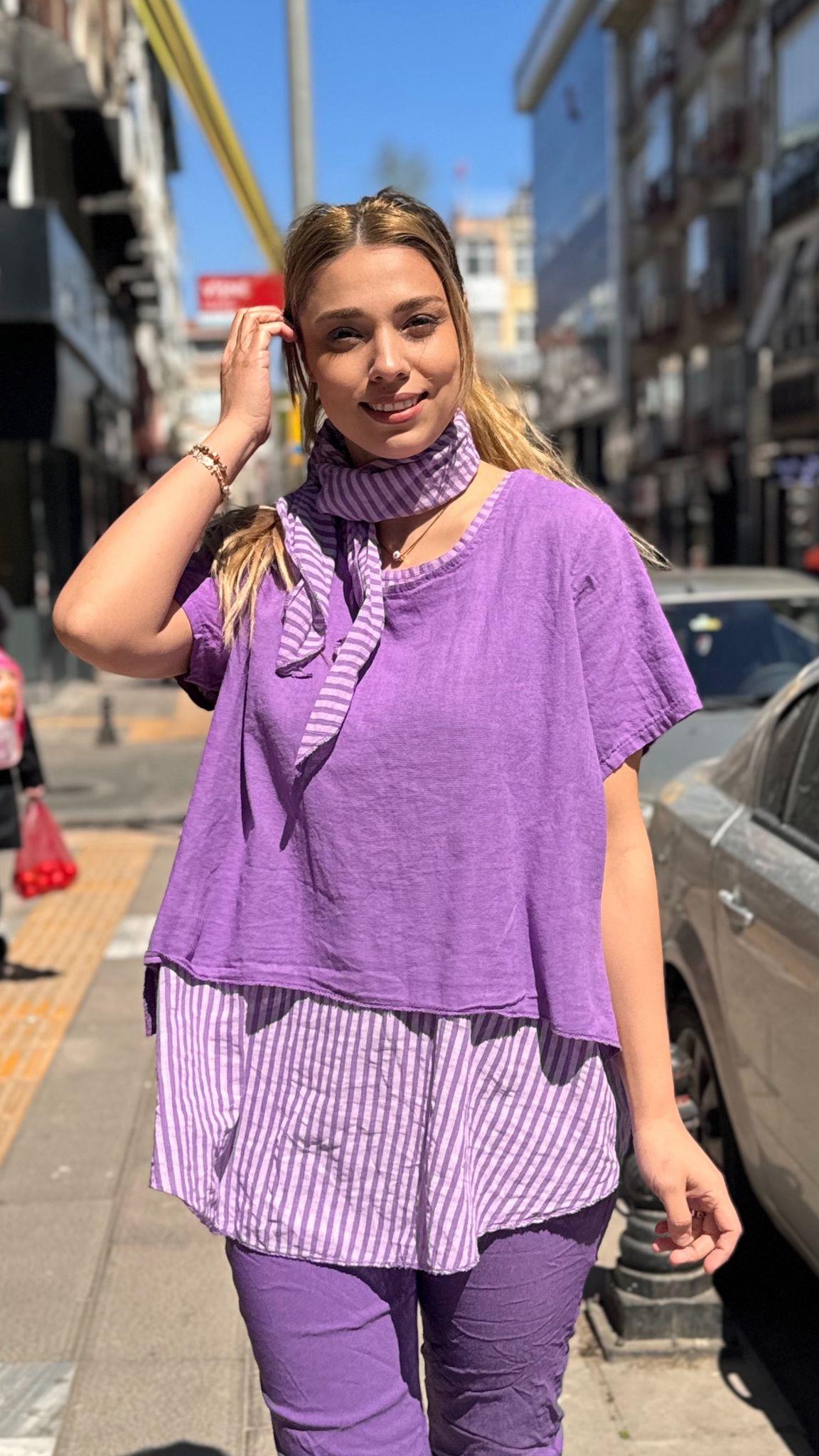 İthal Çizgili Keten Bluz