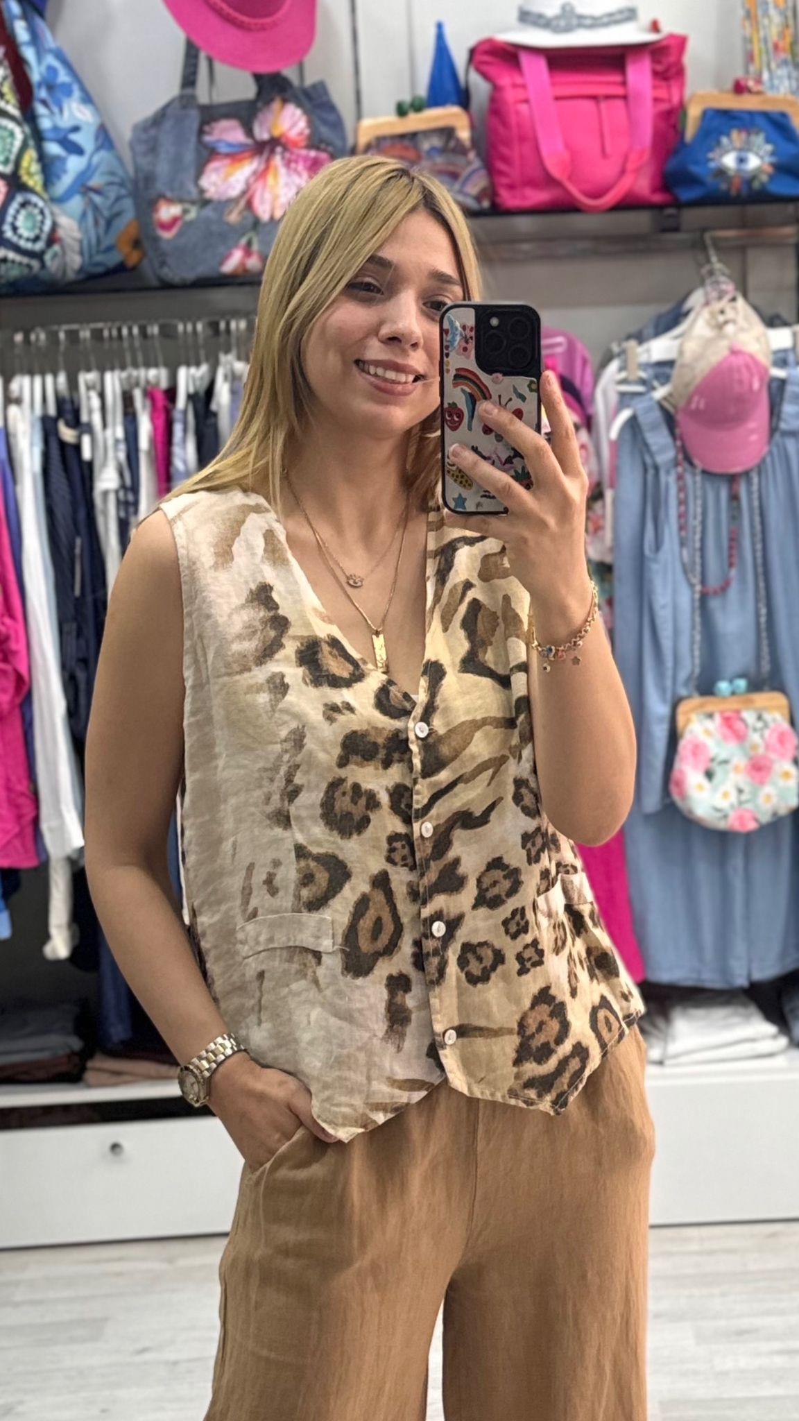 İthal Gömlek Leoparlı Kolsuz 