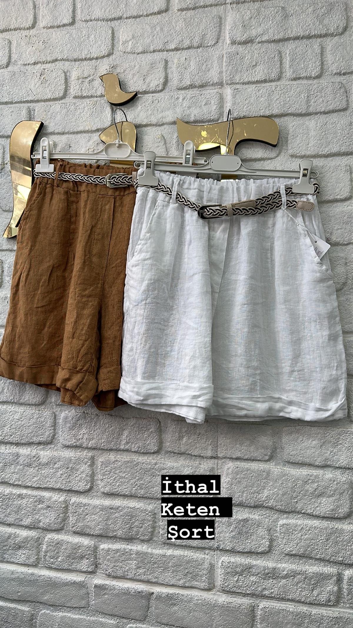 İthal Keten Beli Kemerli Şort
