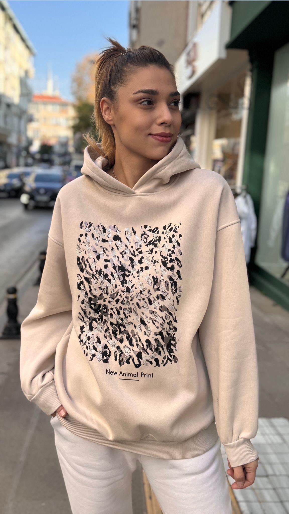 Kapşonlu Krem Sweat