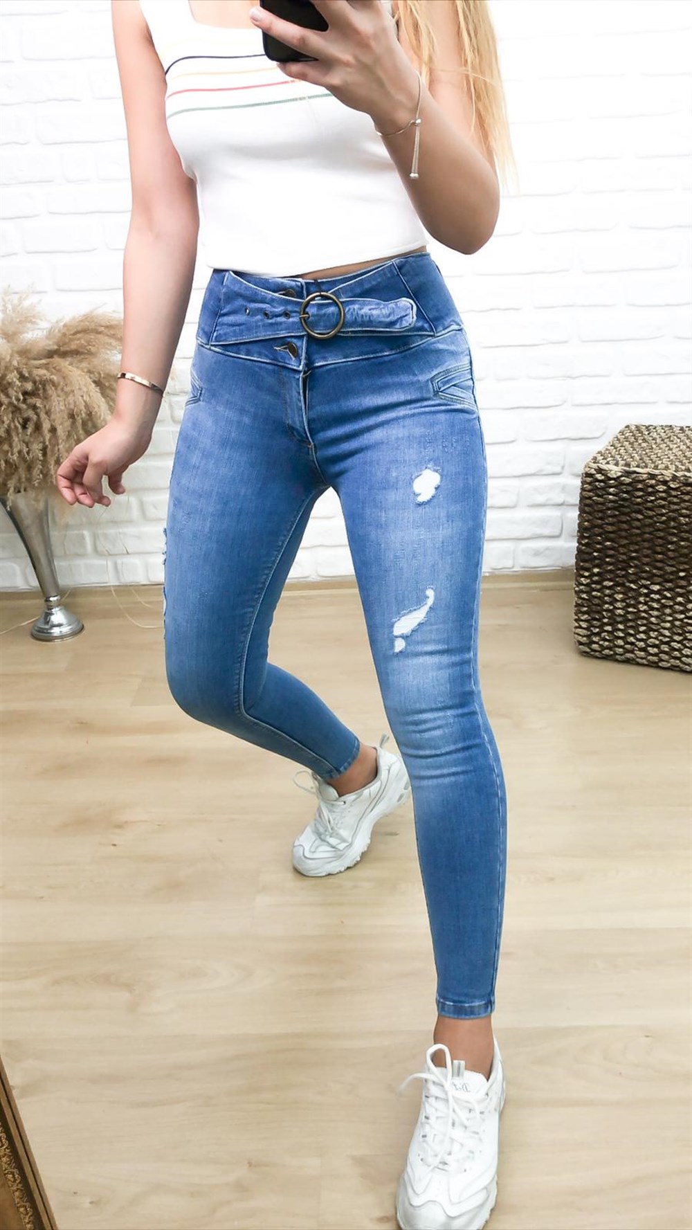 Kemerli Yüksek Bel Skinny Jean