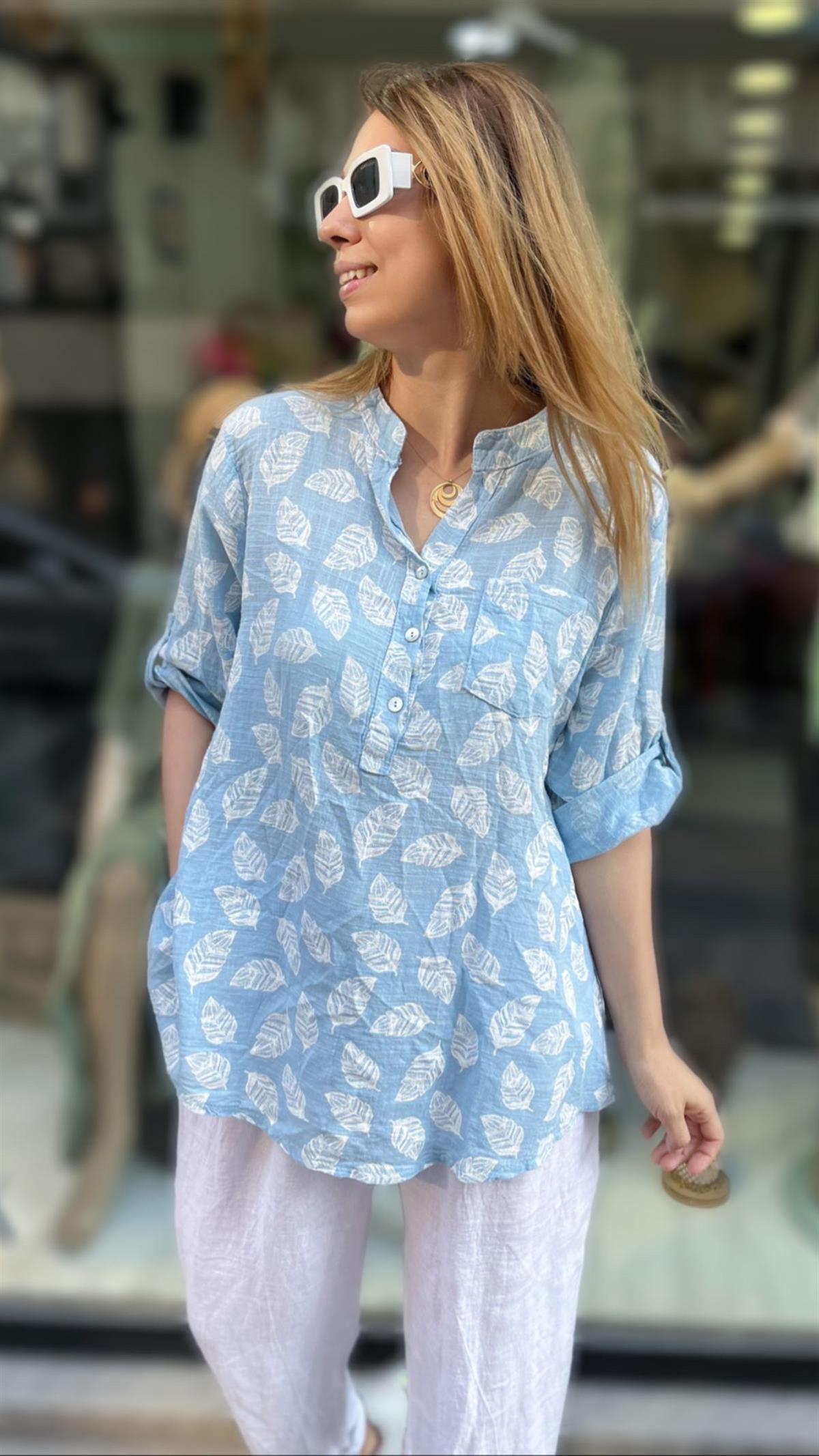 Keten Gömlek Yaprak Desenli
